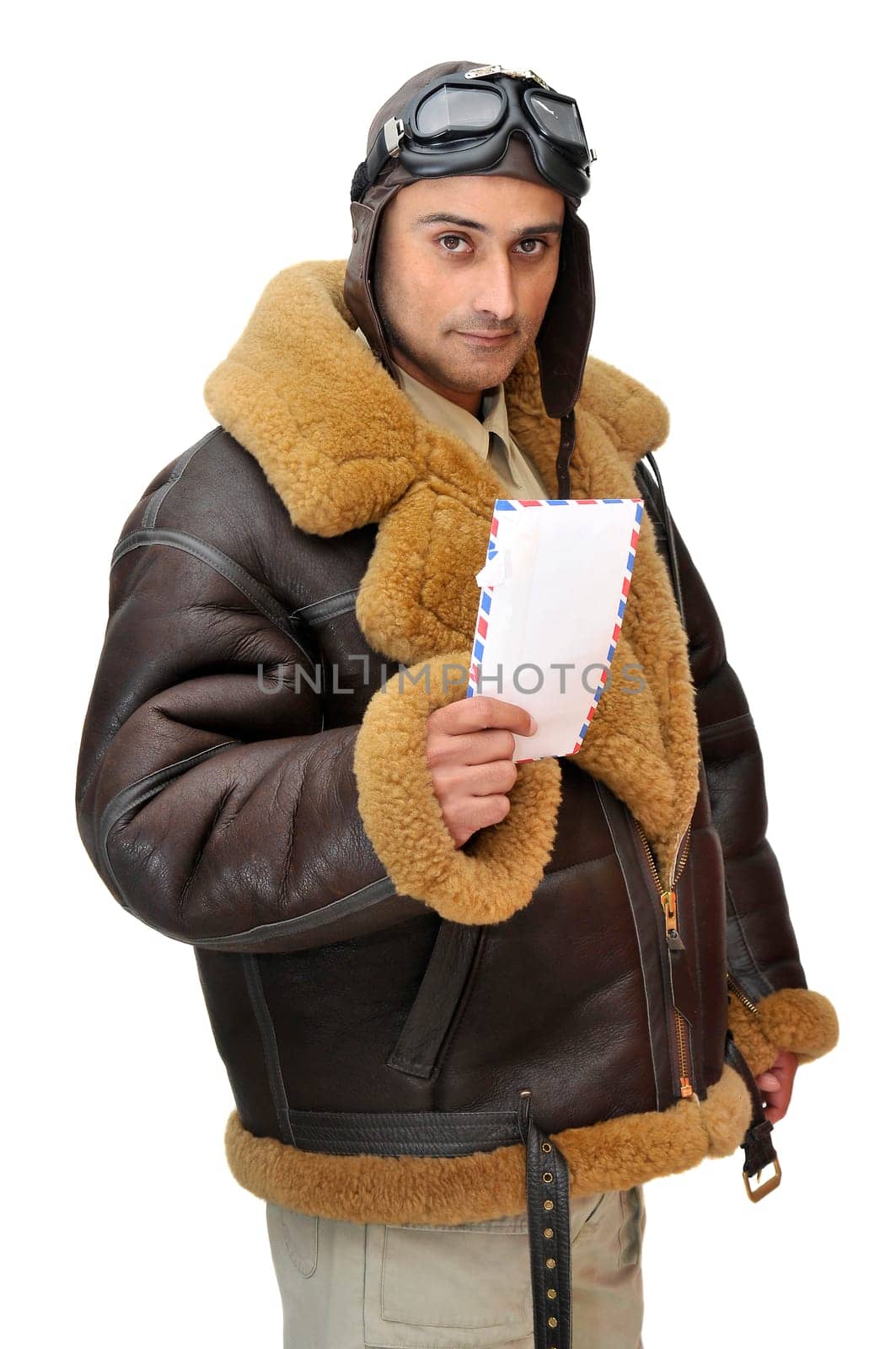 Fighter pilot with letter isolated in white