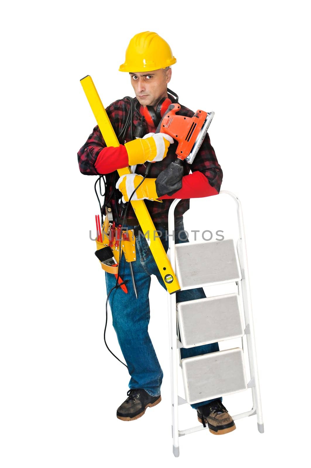 Stressed construction worker with lots of tools isolated in white