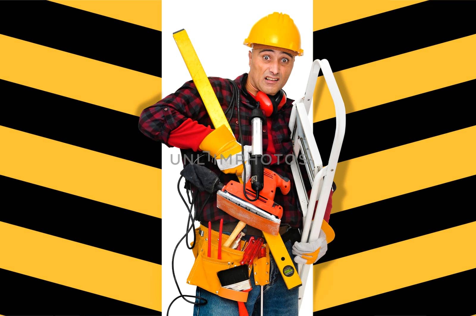 Stressed construction worker with lots of tools isolated in white