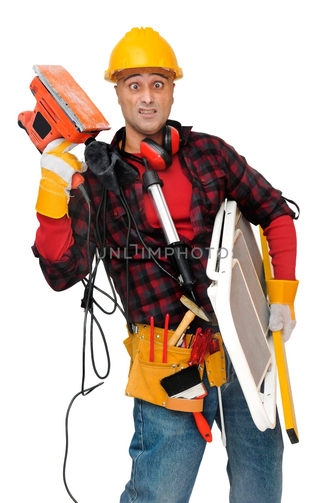 Construction worker stressed with lots of tools isolated in white