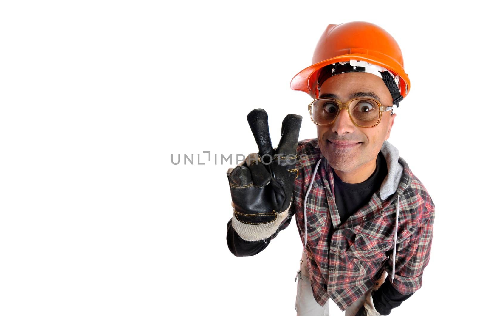 Constructor worker with big glasses isolated in white