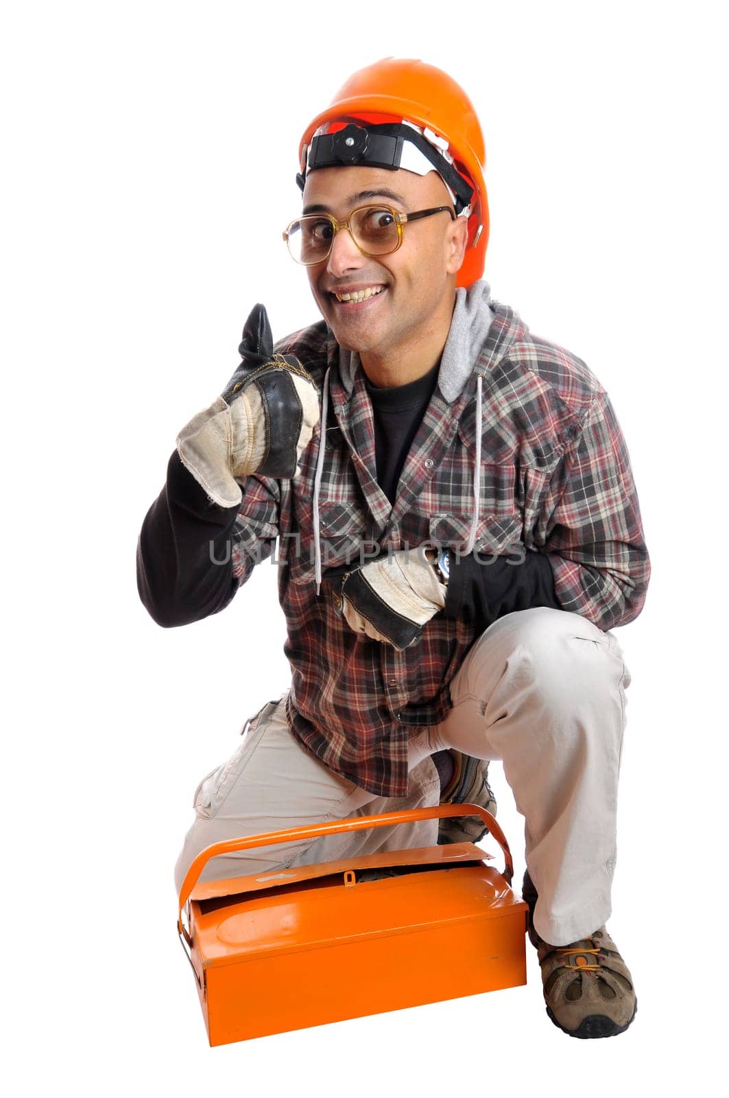 Constructor worker with big glasses isolated in white