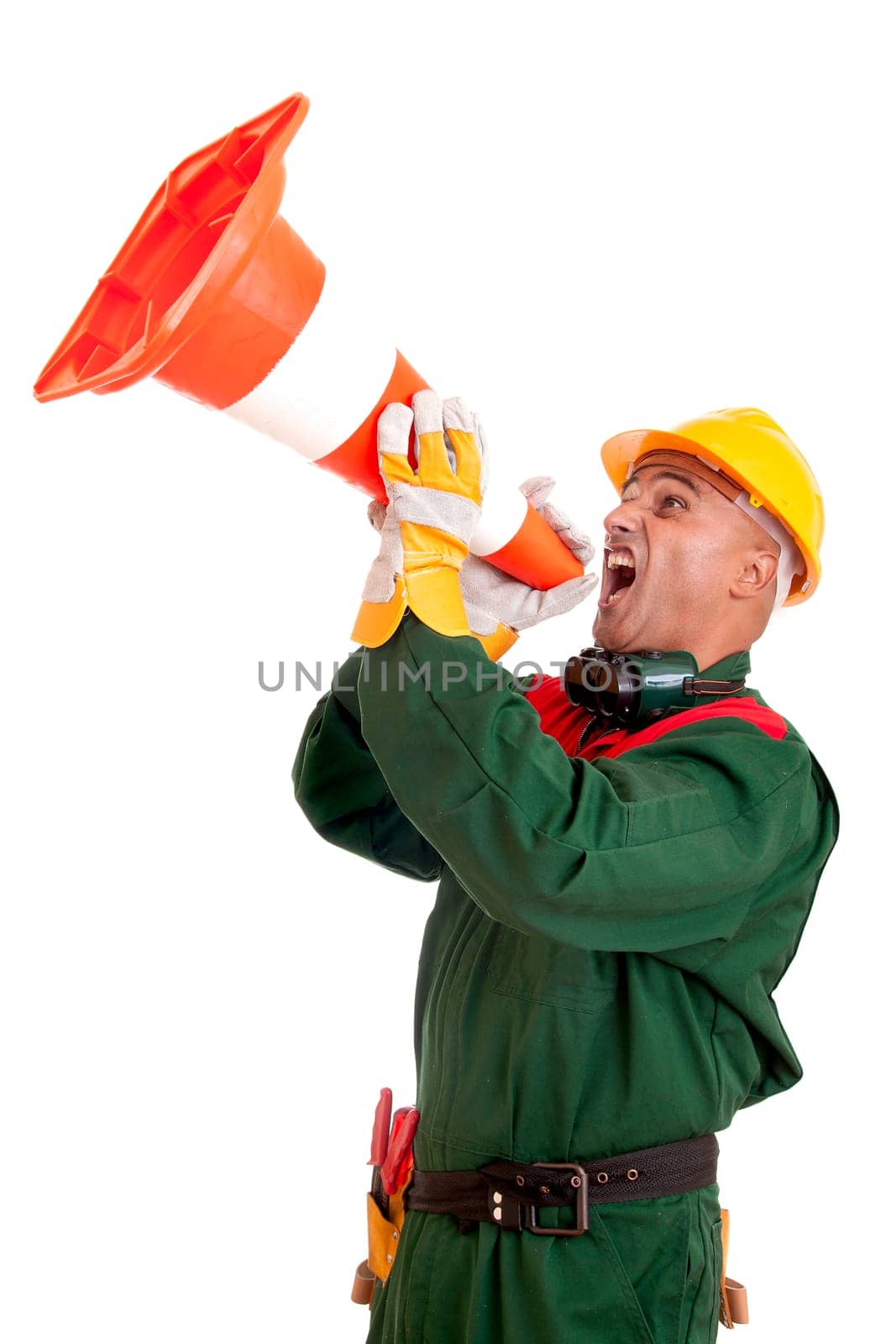 Construction worker shouting isolated in white