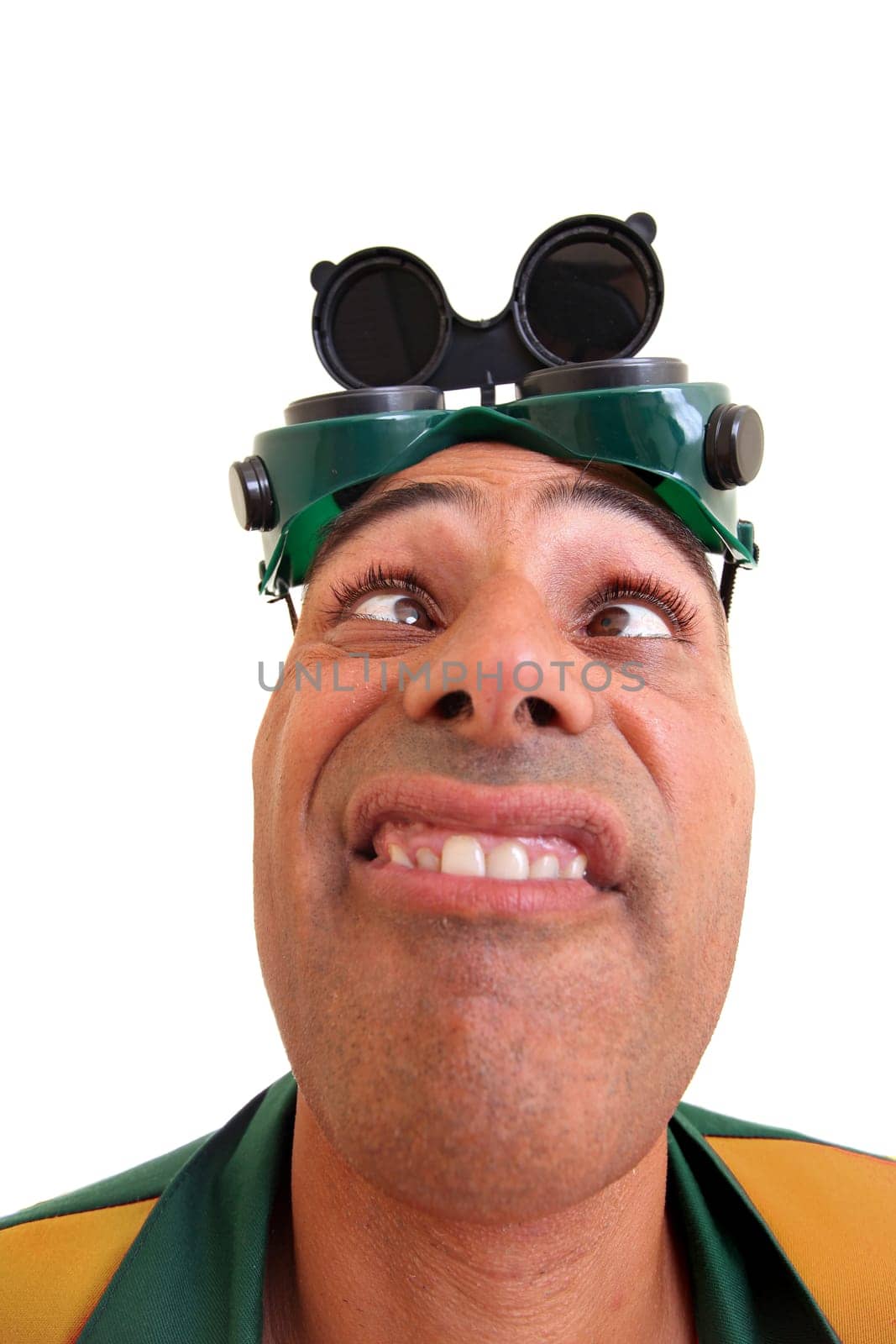 Construction worker making funny faces isolated in white
