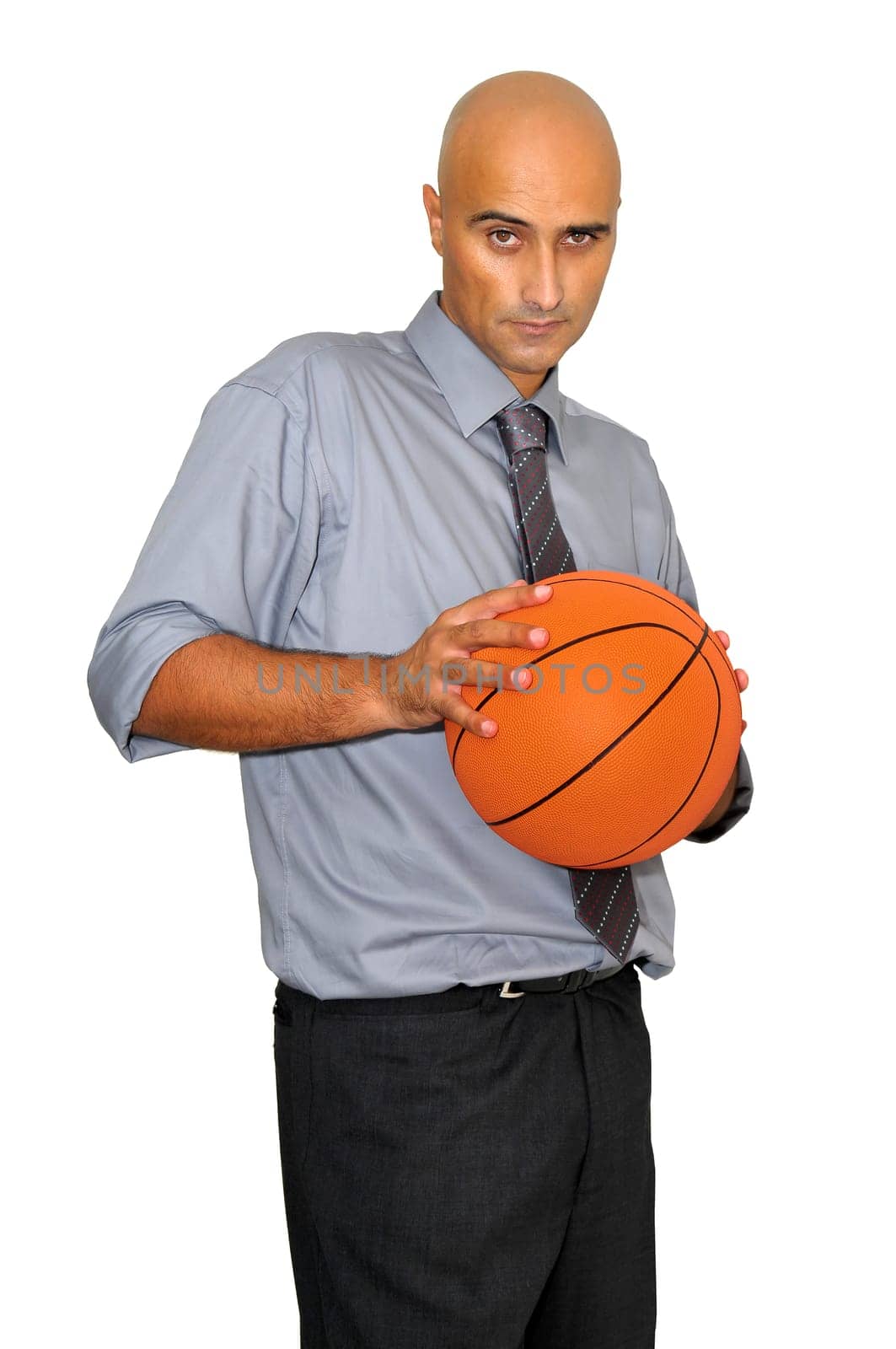Businessman with basketball isolated in white