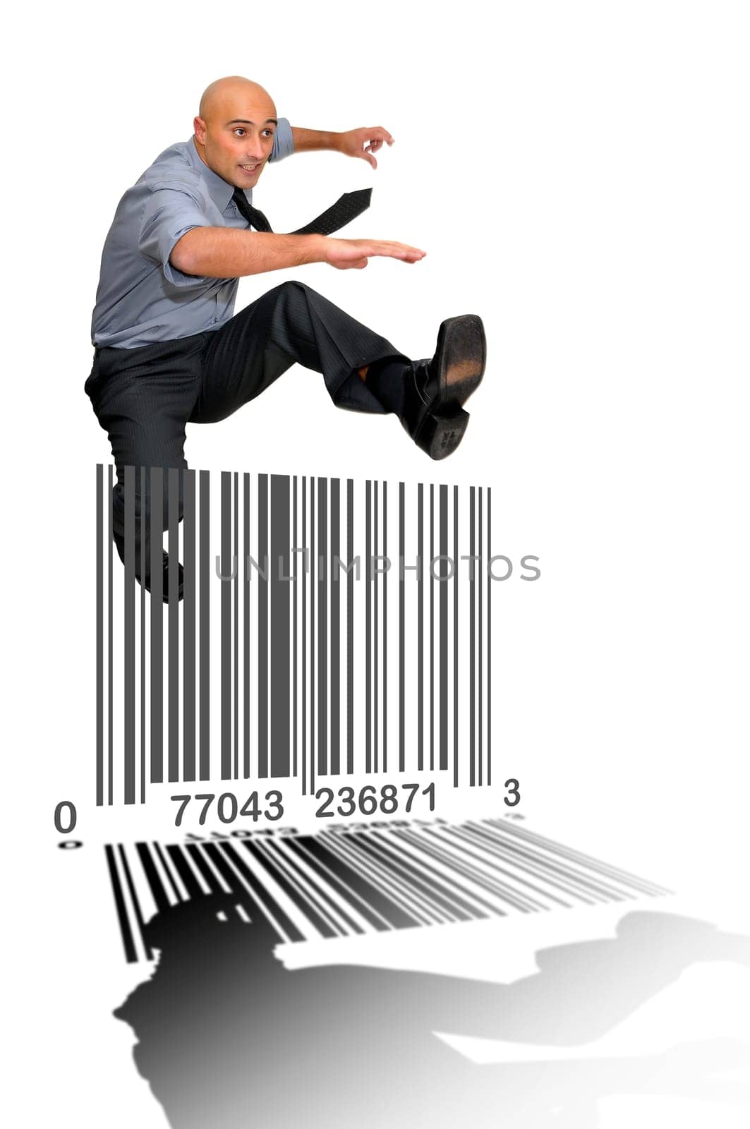 Businessman jumping over books isolated in white