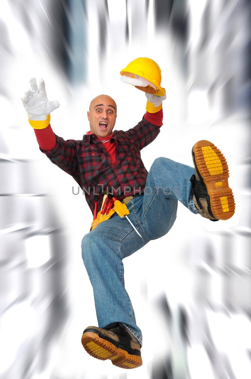 Construction worker falling isolated in white