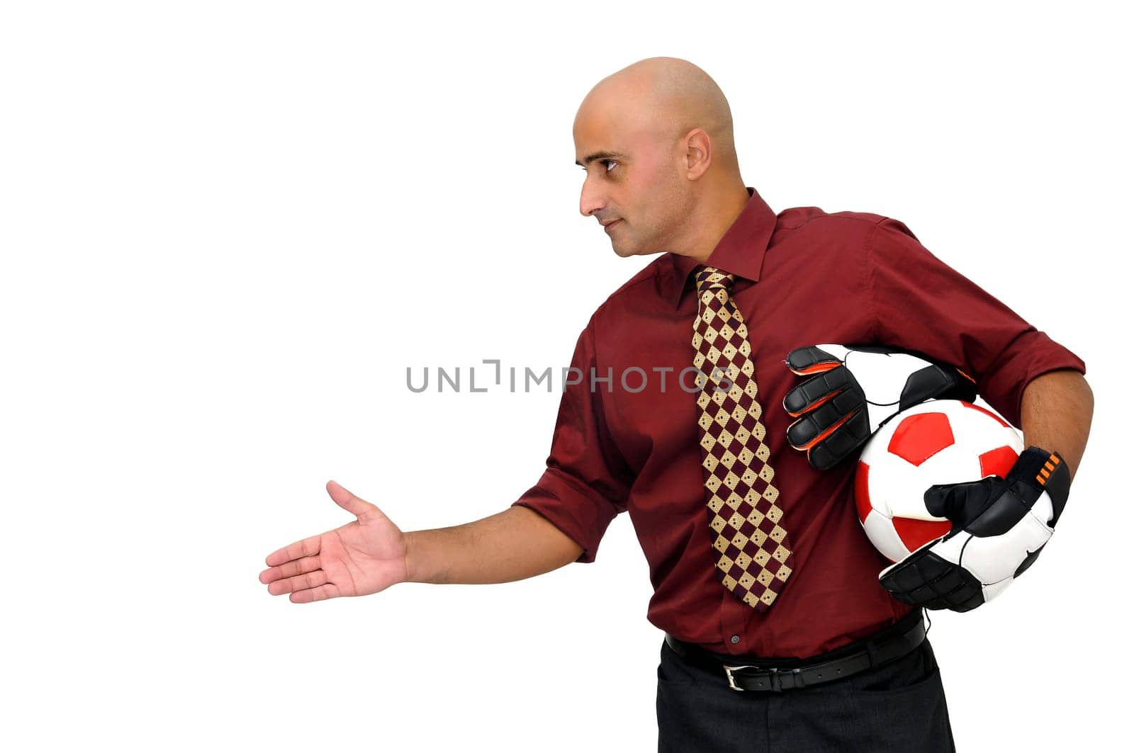 Businessman goalkeeper reaching his hand to salute oponent isolated in white