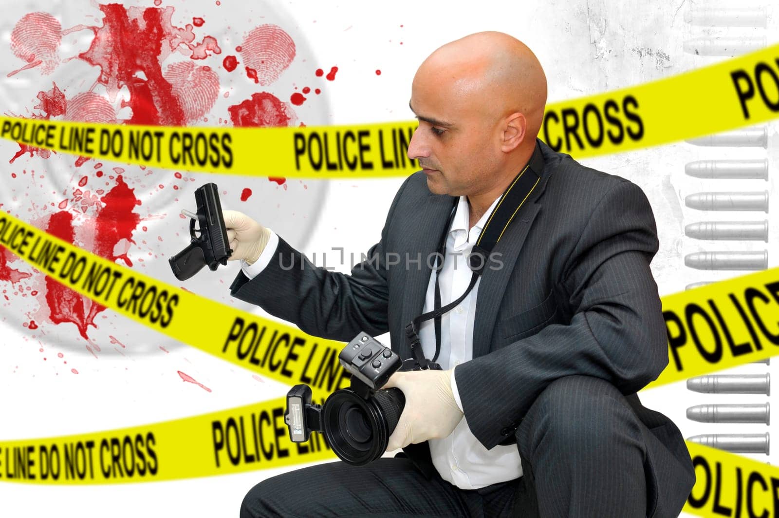 Police CSI investigator with a camera holding a bag with a gun