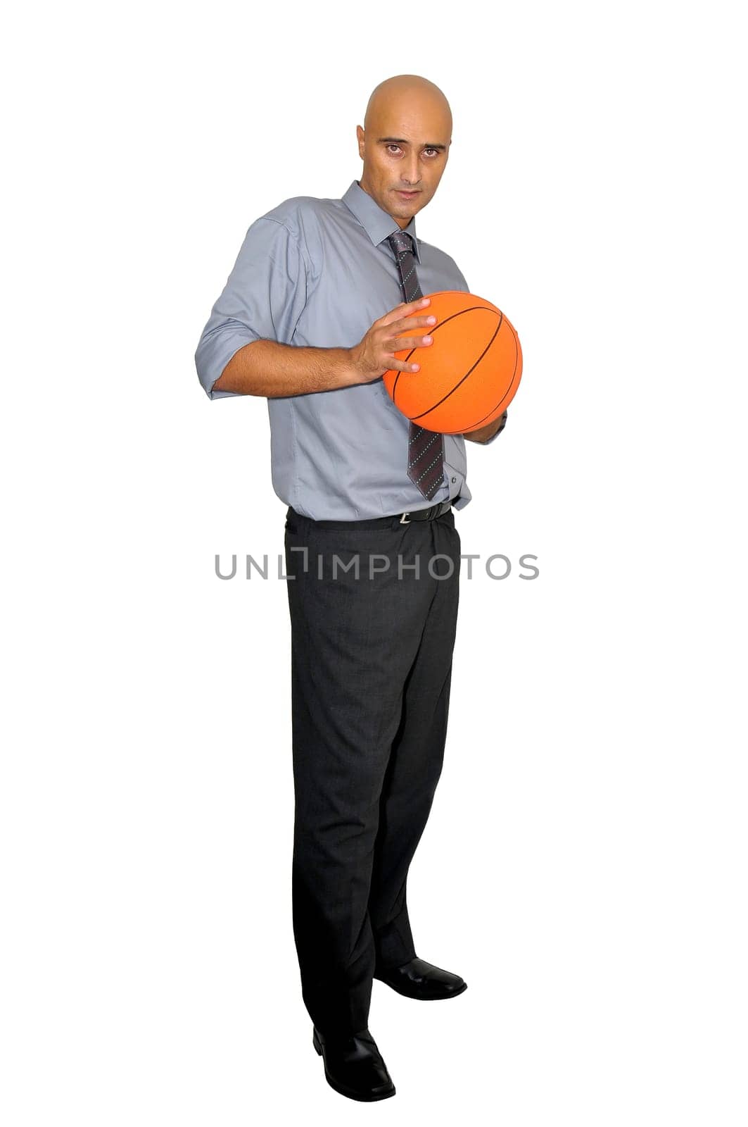 Businessman with basketball isolated in white