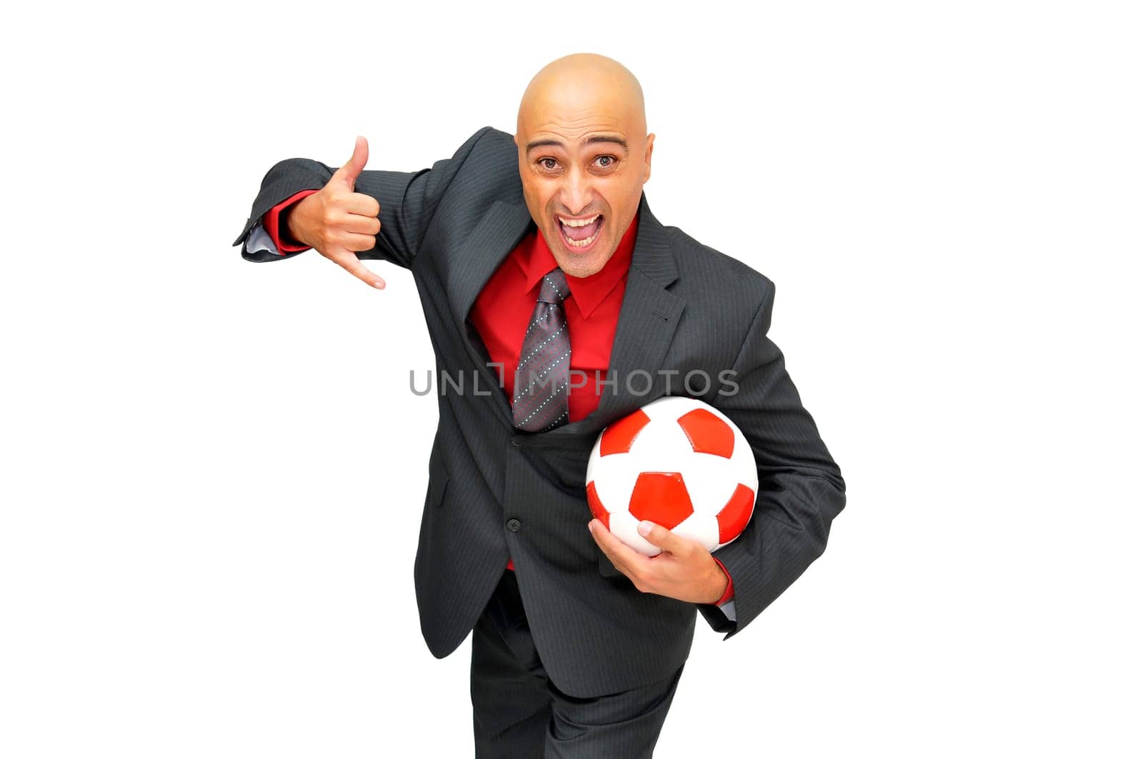 Businessman with soccer ball isolated in white