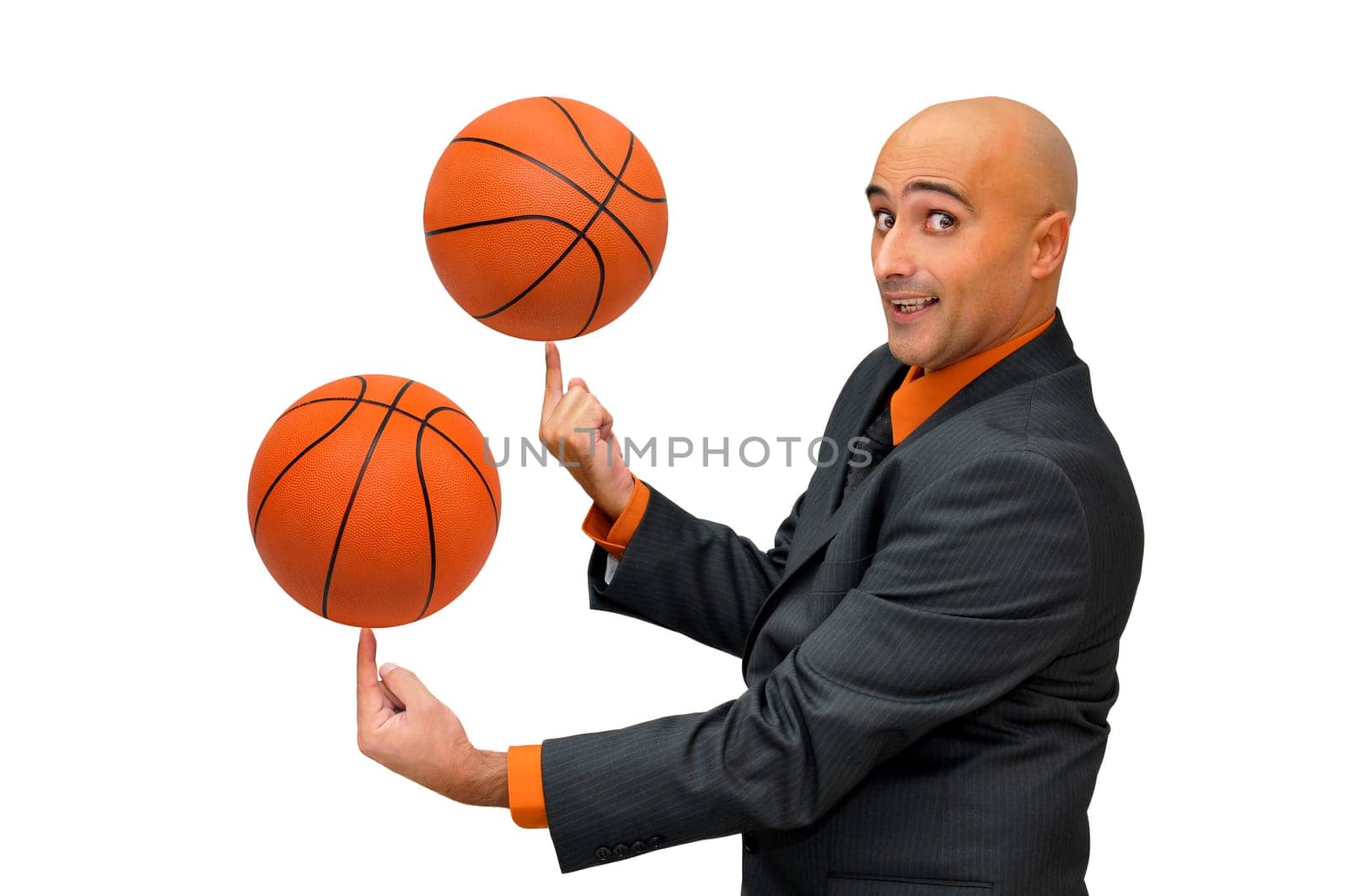 Businessman with basket ball isolated in white
