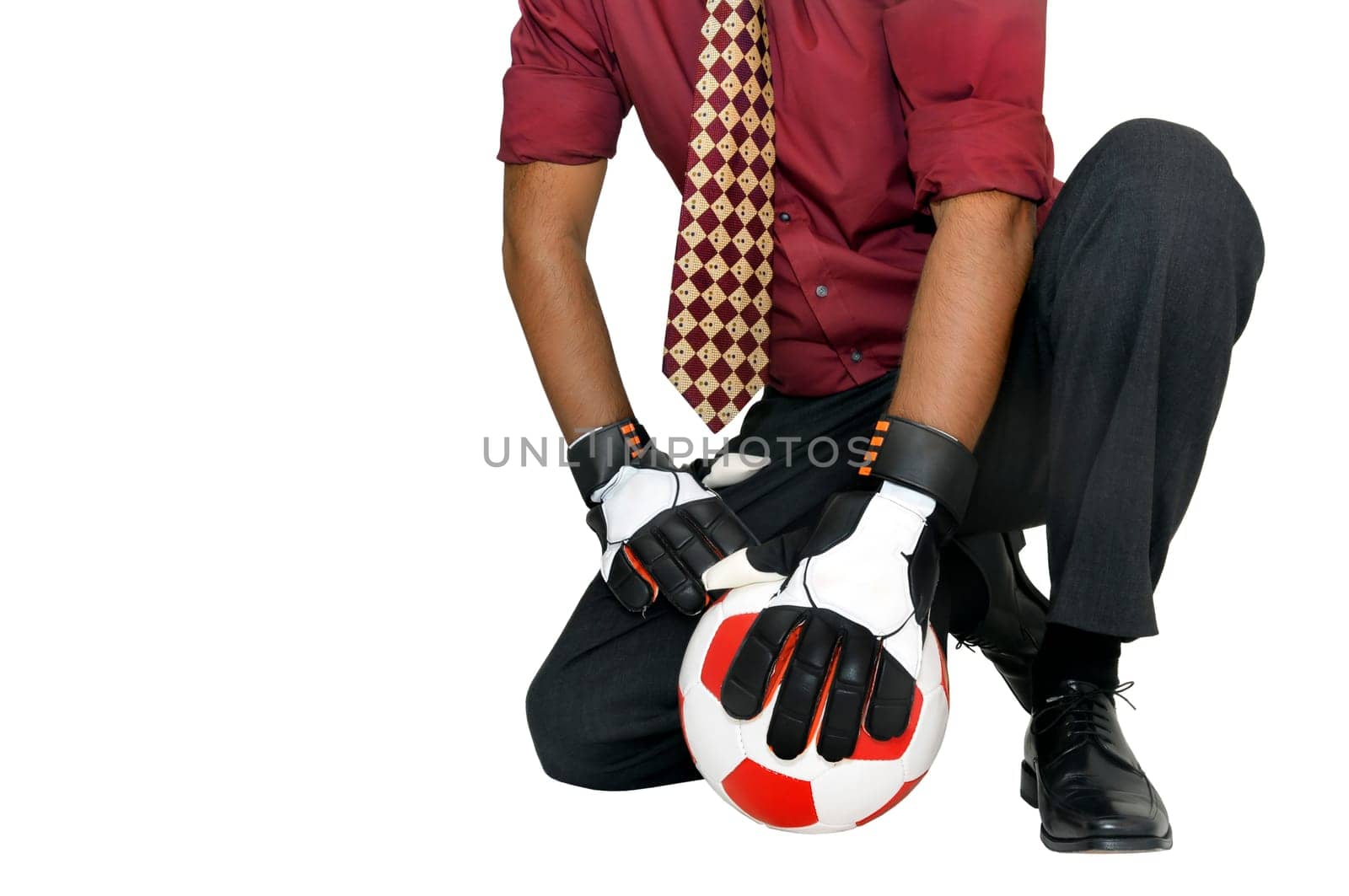 Businessman goalkeeper with gloves isolated in white