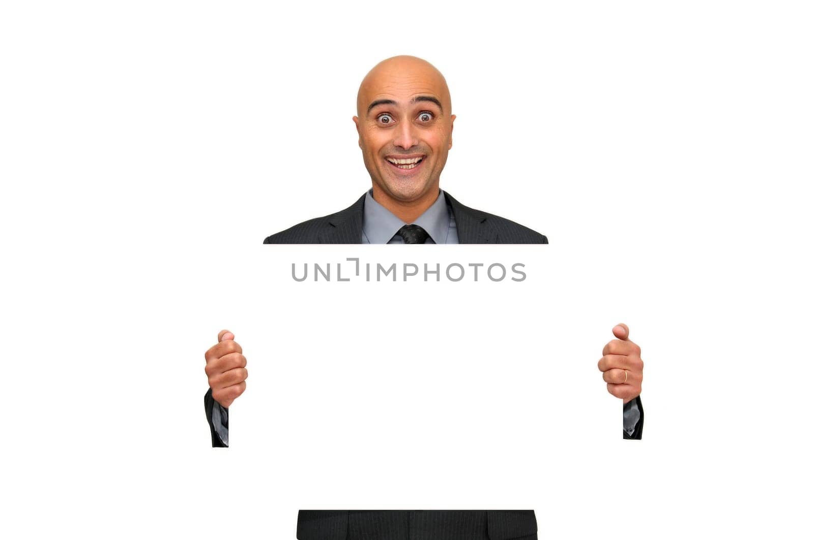 Businessman with blank card and happy face isolated in white
