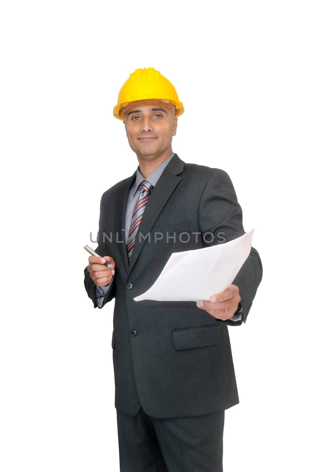 Engineer with contract isolated in white