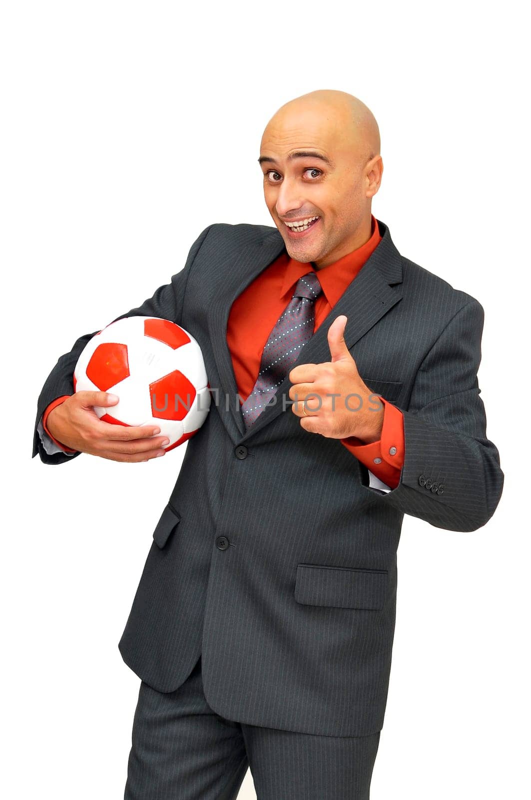 Businessman with soccer ball isolated in white