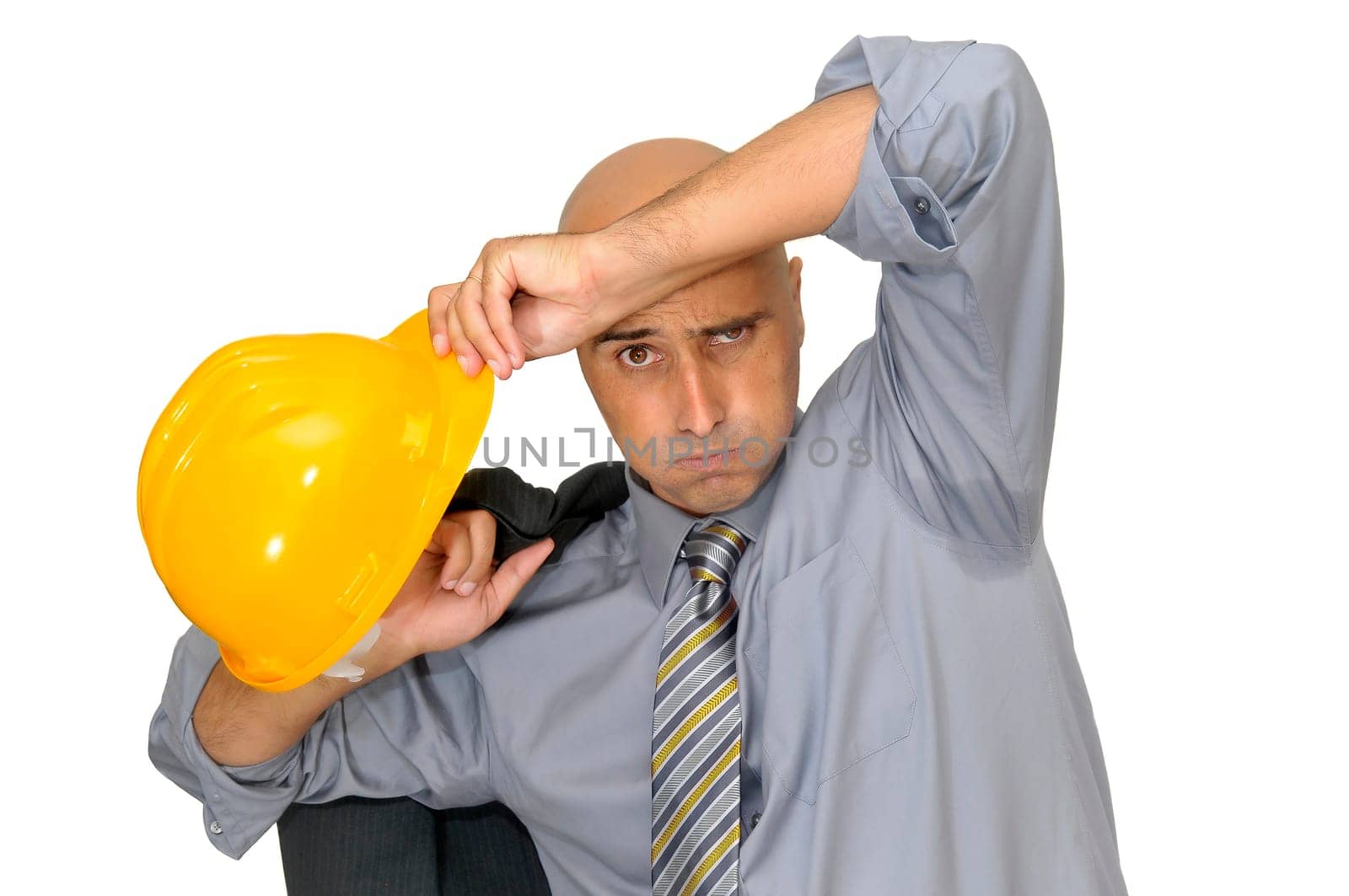 Tired engineer with hat isolated in white