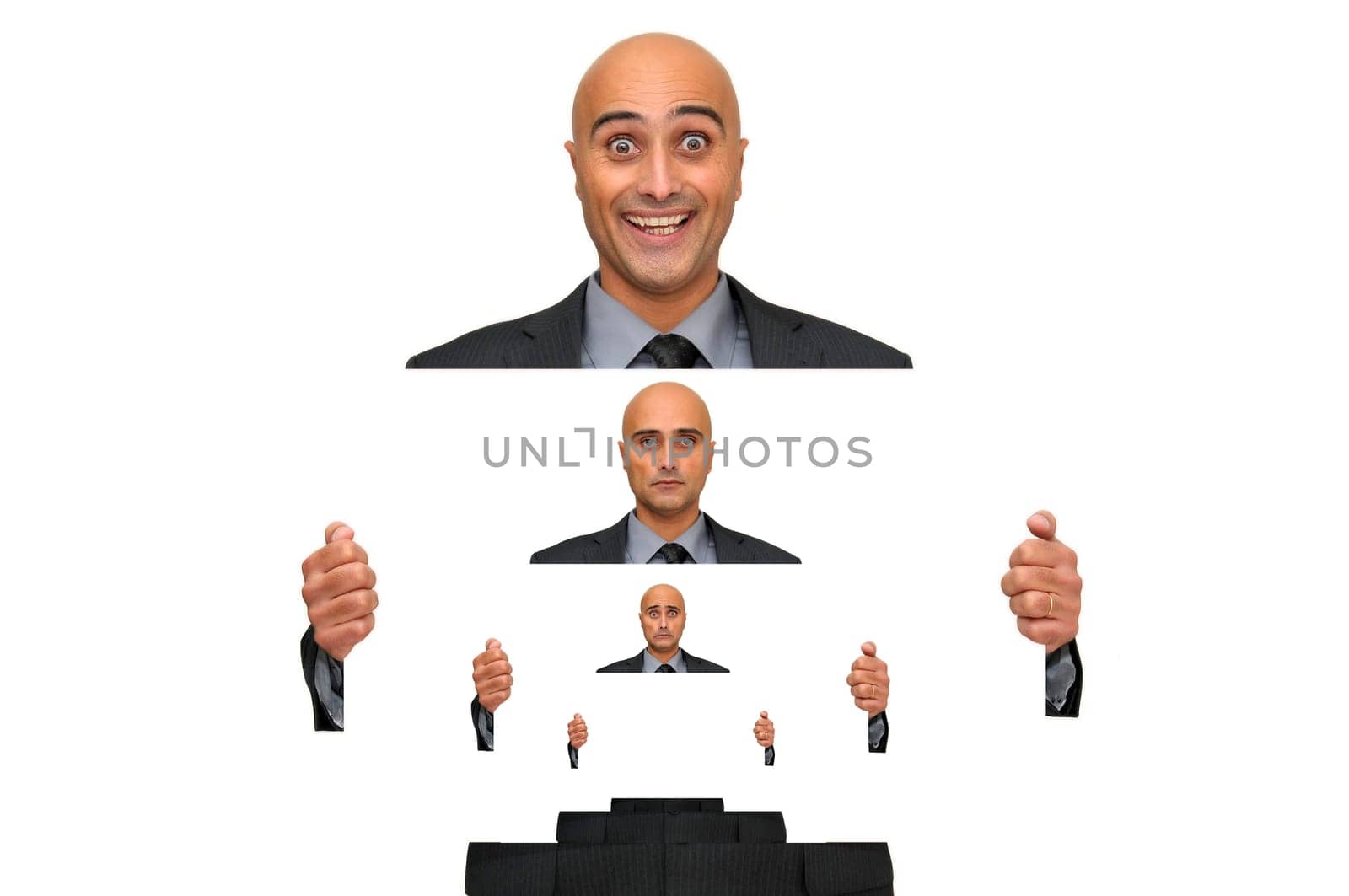 Businessman with a card from happy to sad faces isolated in white