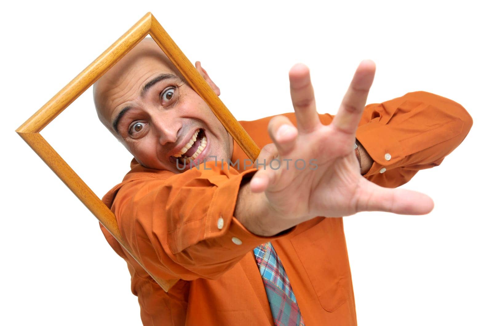 Businessman portrait with a small frame isolated in white