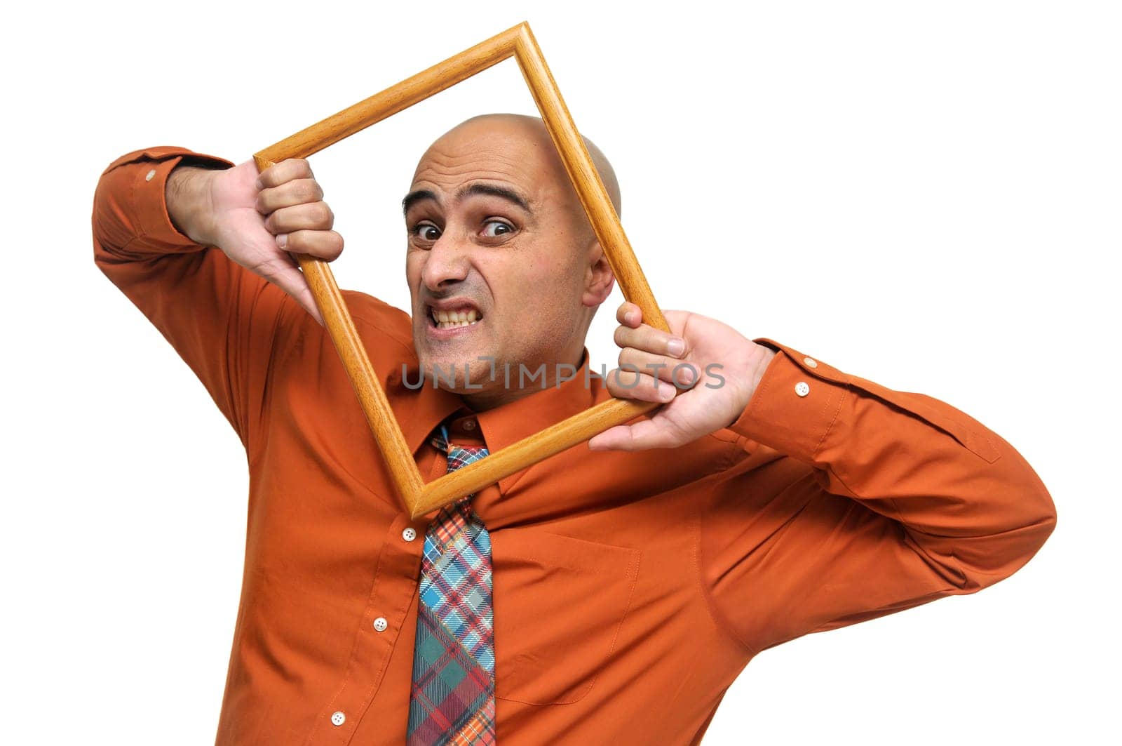 Businessman portrait with a small frame isolated in white