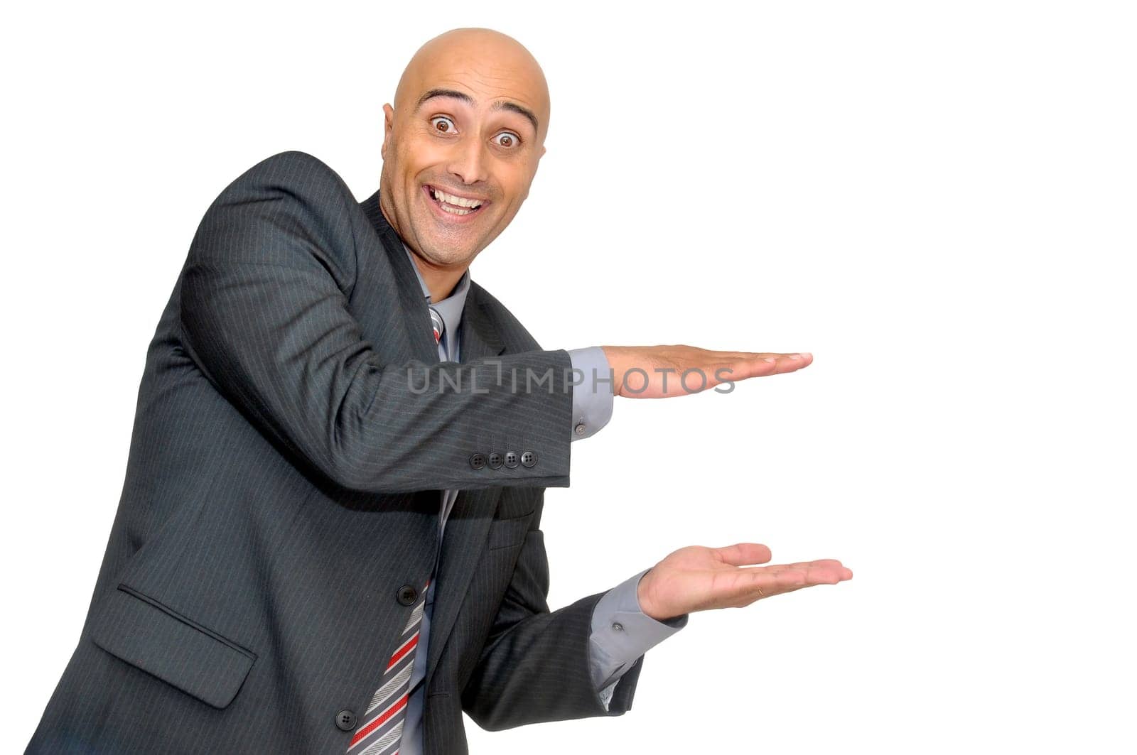 Happy businessman with hands up isolated in white