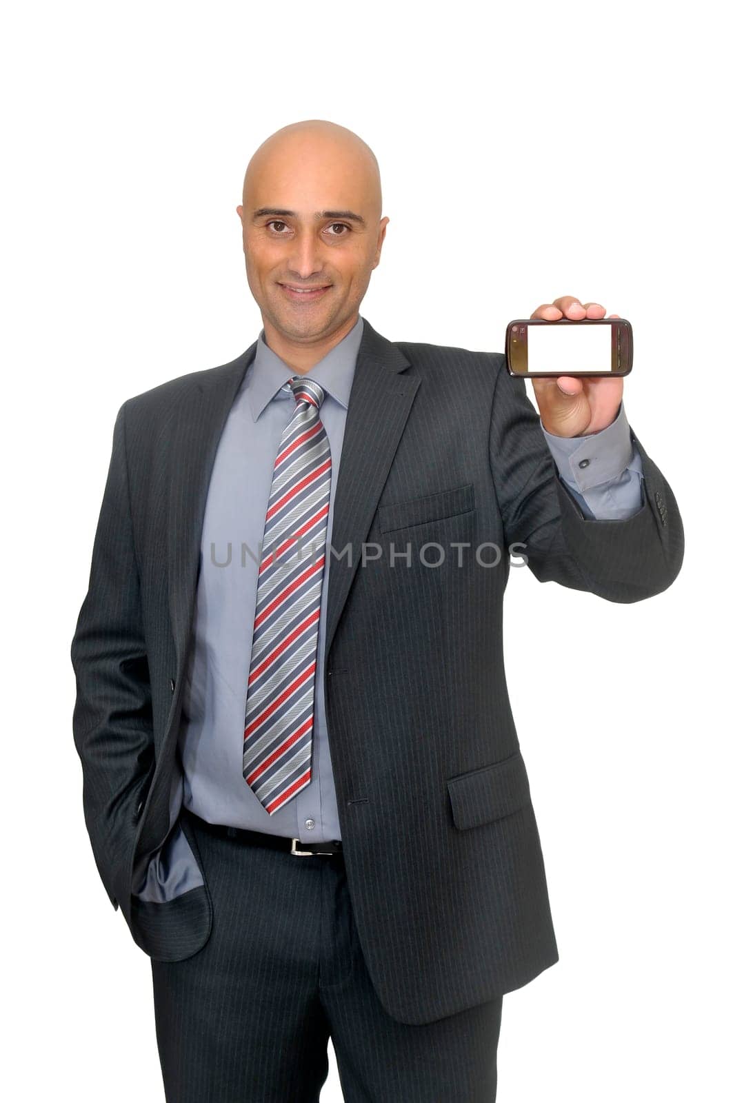 Happy businessman with cellphone