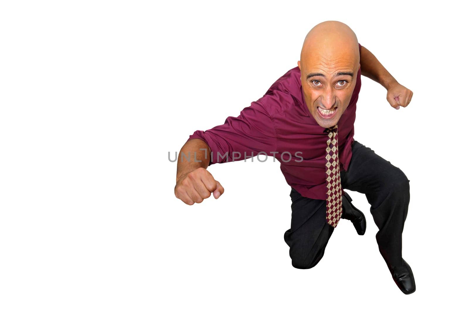 Powerful businessman jumping isolated in white