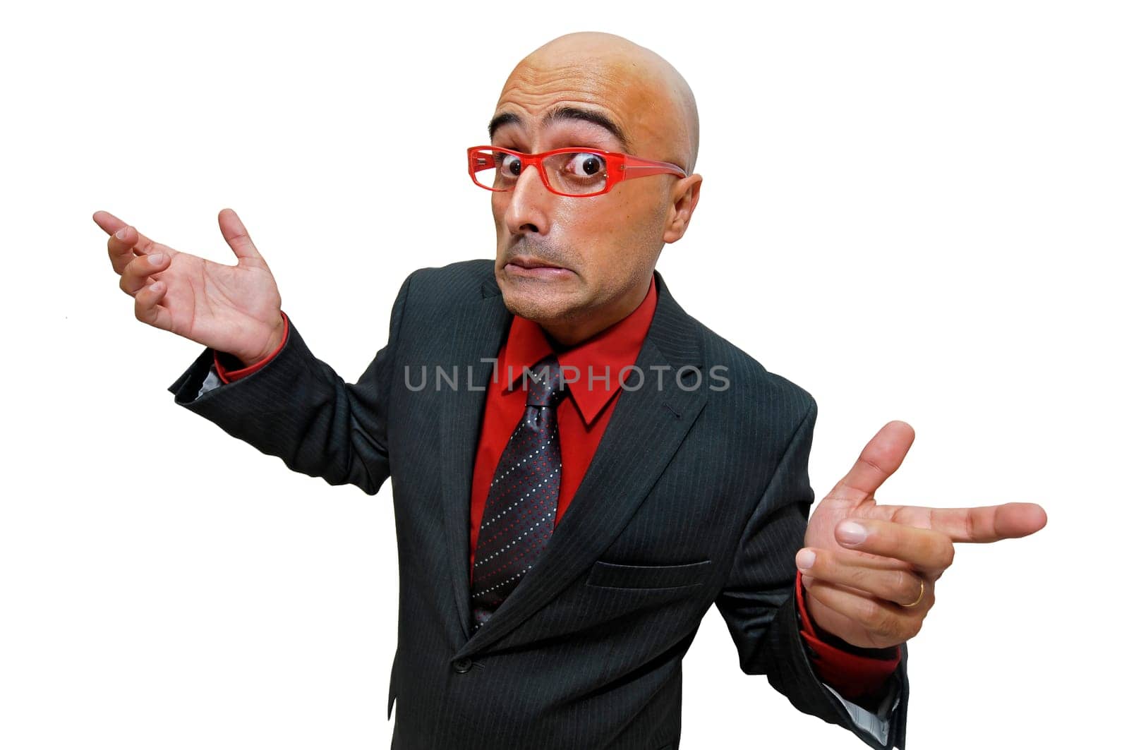 Confused businessman with arms raised isolated in white