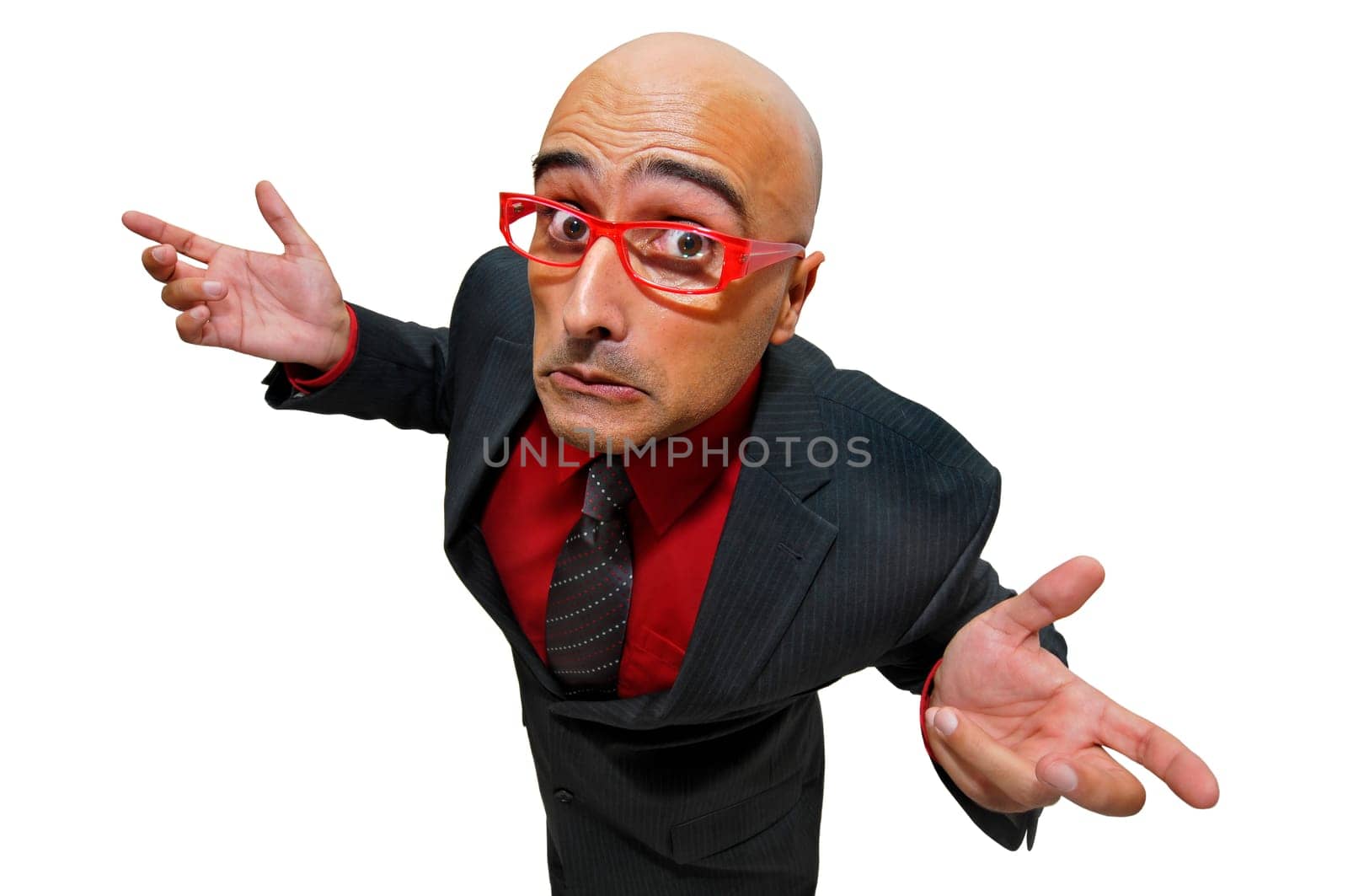 Confused businessman with arms raised isolated in white