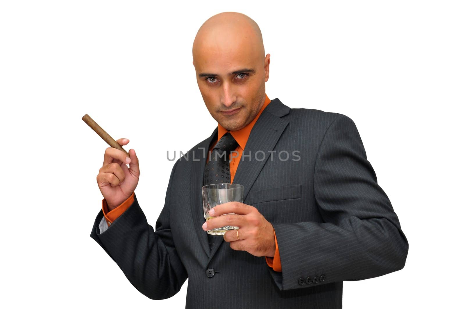 Businessman with cigar and whisky glass isolated in white