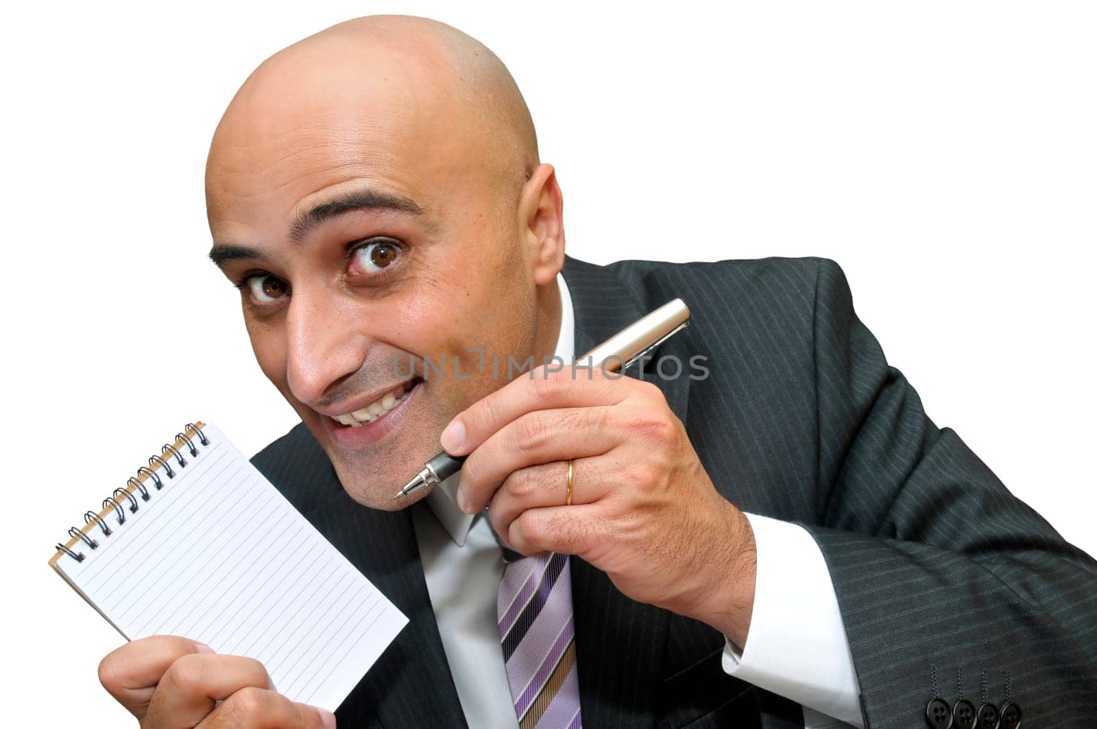 Businessman with pen and notebook isolated in white