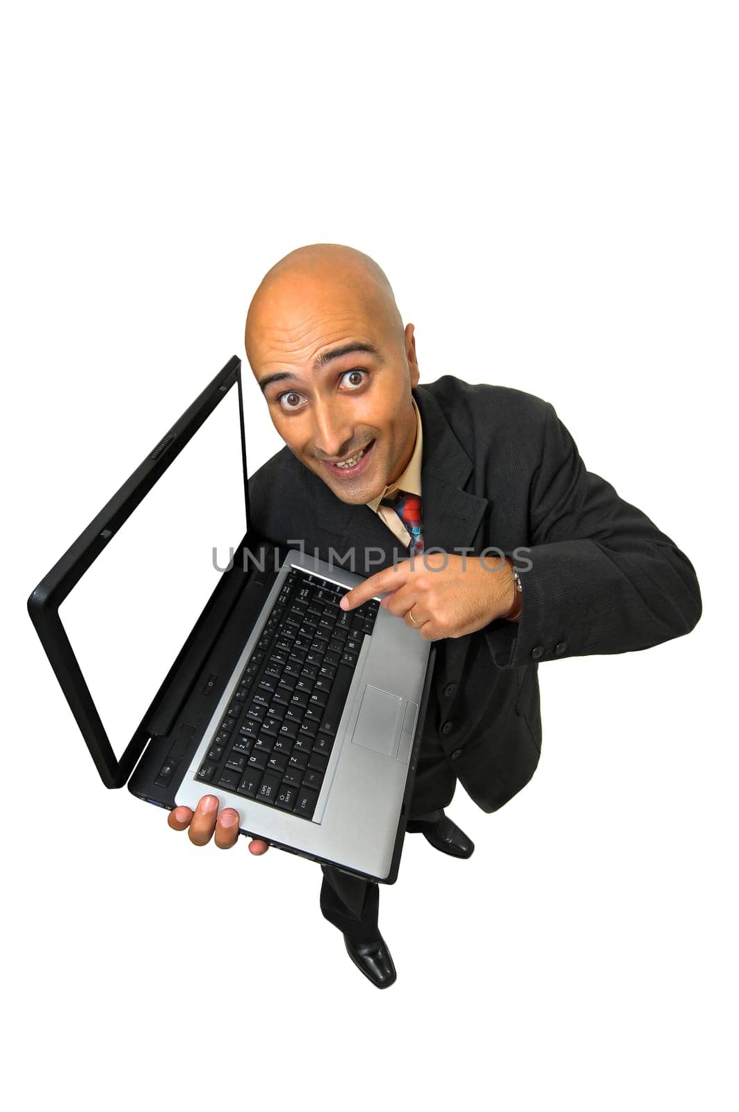 Businessman with laptop computer isolated in white