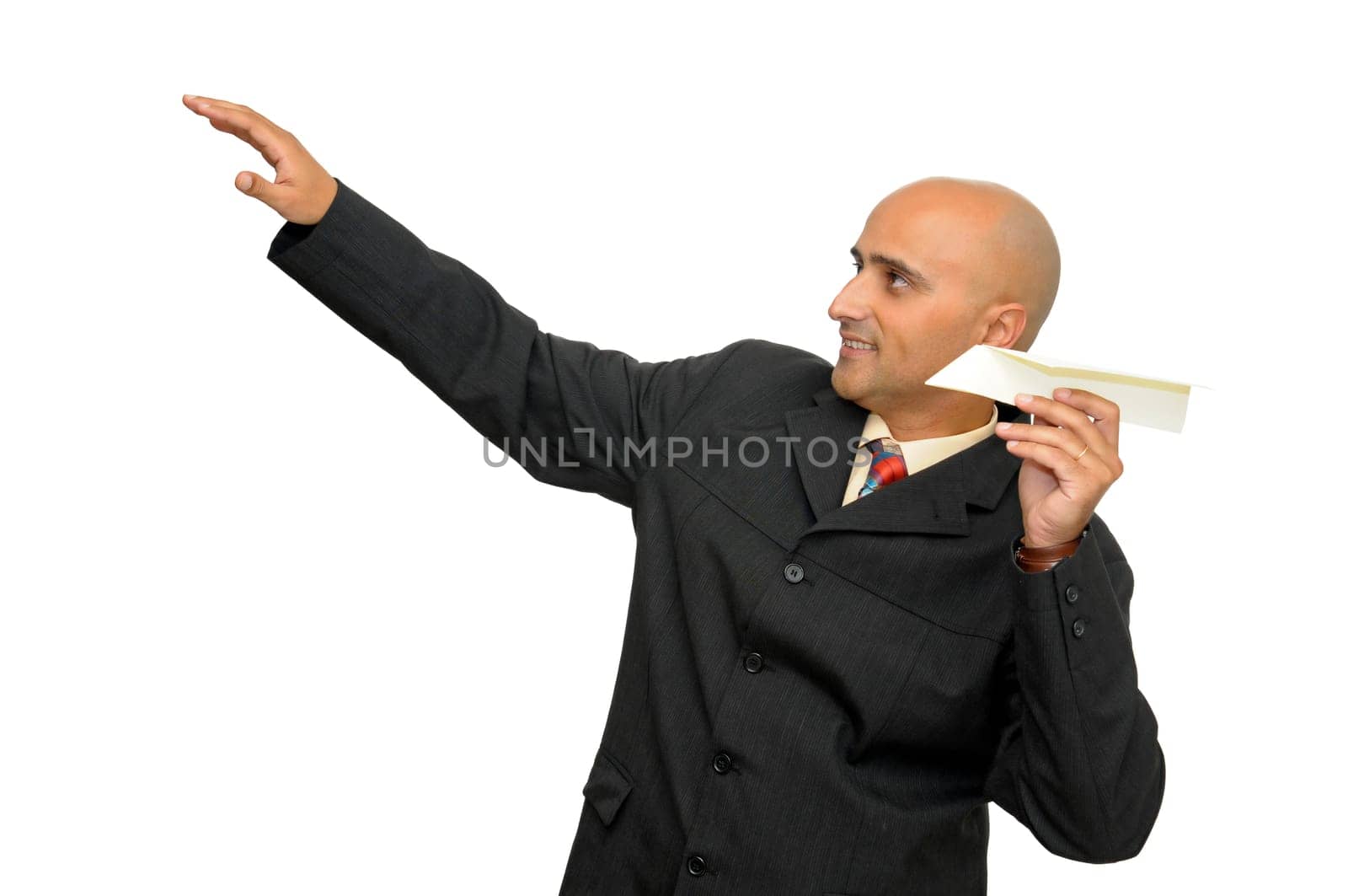 Businessman with paper airplane isolated in white