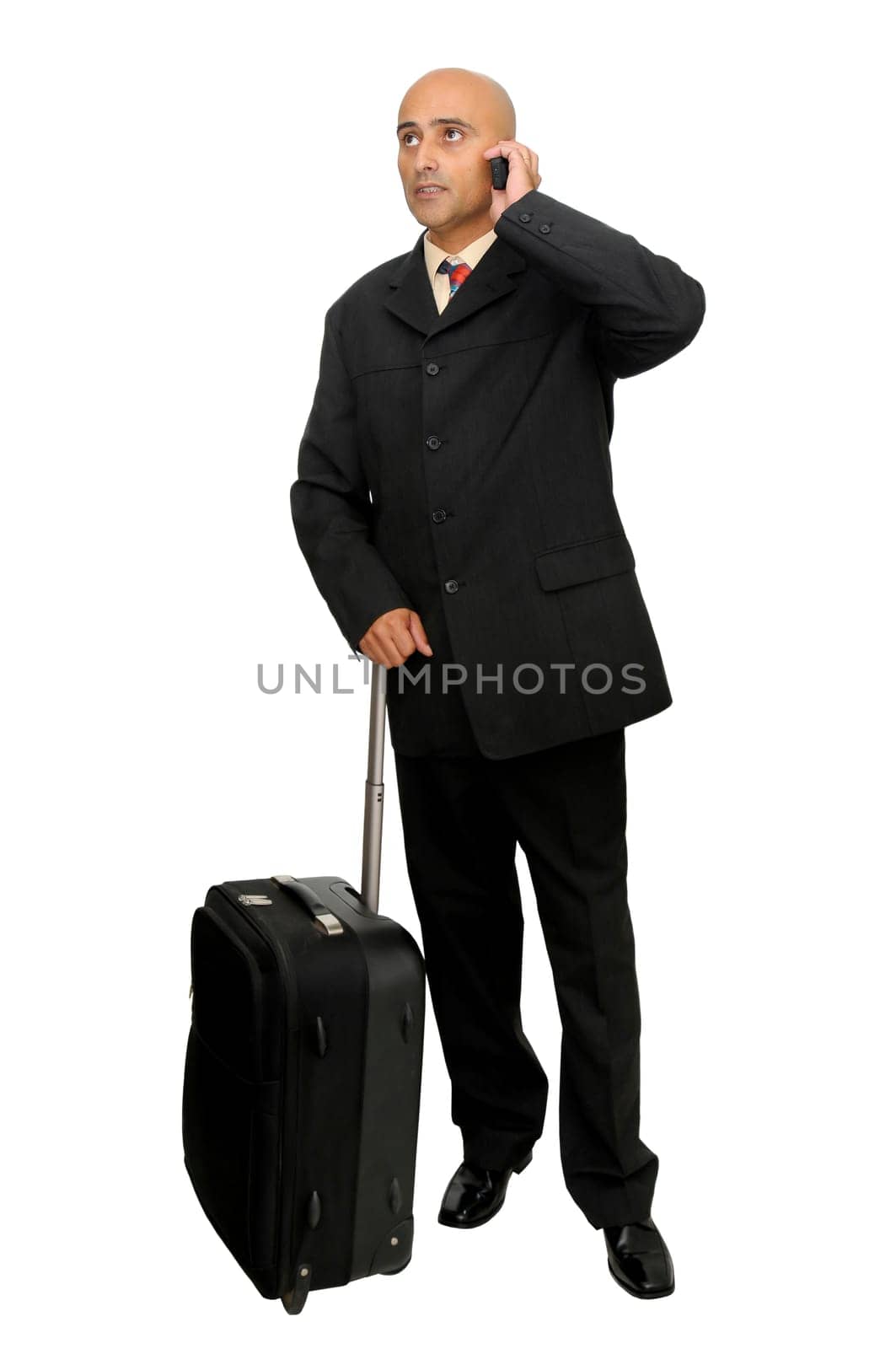 Traveler businessman with suitcase isolated in white