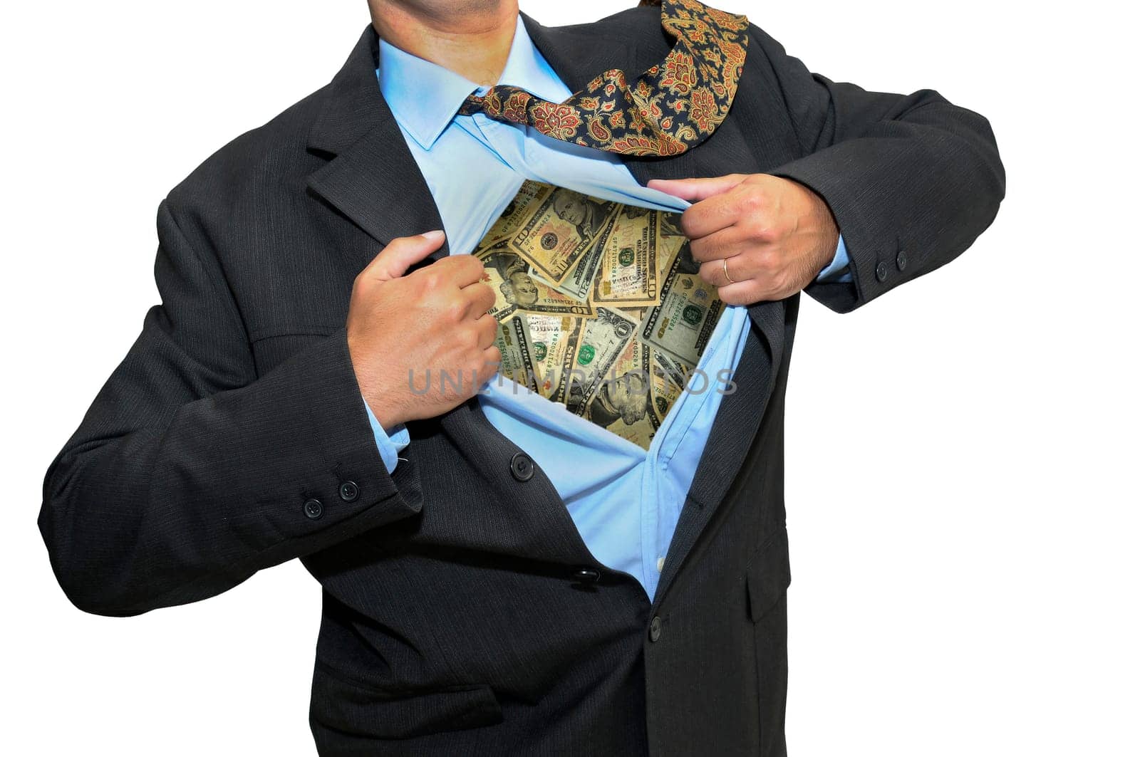 Businessman opening his shirt showing dollar bills isolated in white