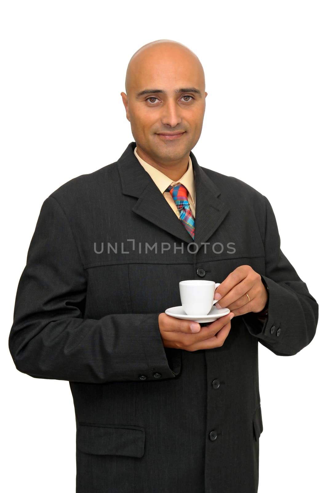 Businessman with coffee cup isolated in white