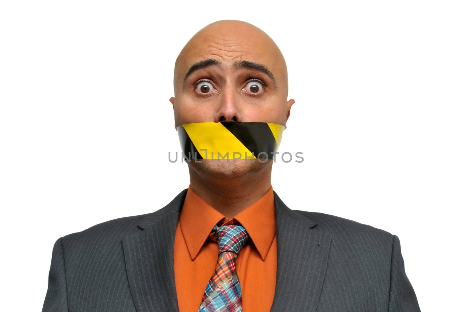 Businessman portrait with duct tape in is mouth