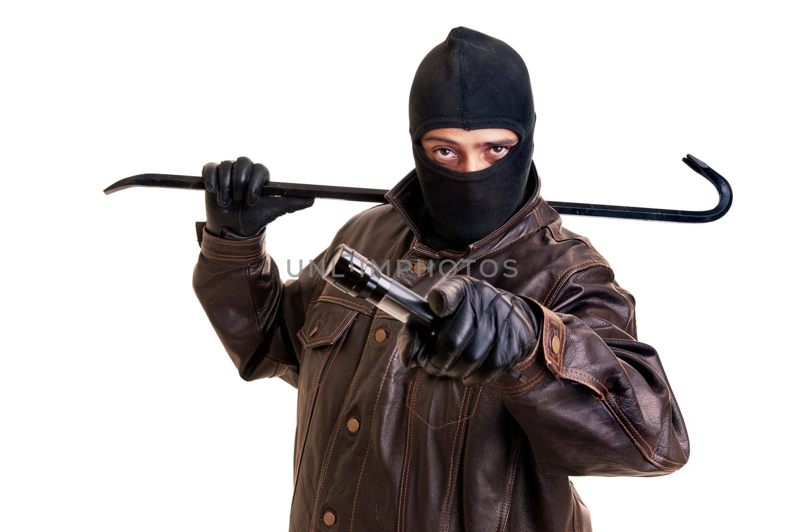 Burglar with flashlight and crowbar isolated in white