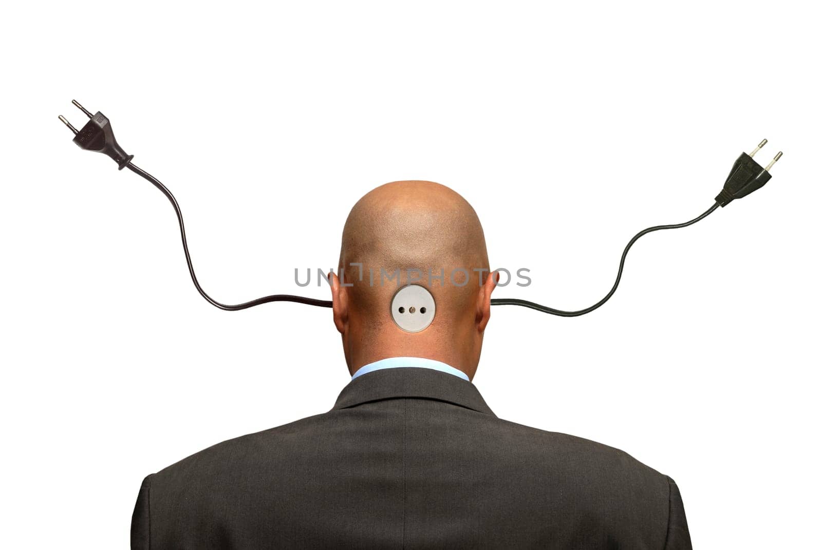 Businessman head with plugs isolated in white