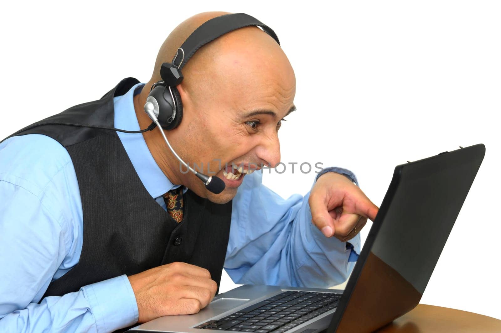 Businessman with headset and laptop isolated in white