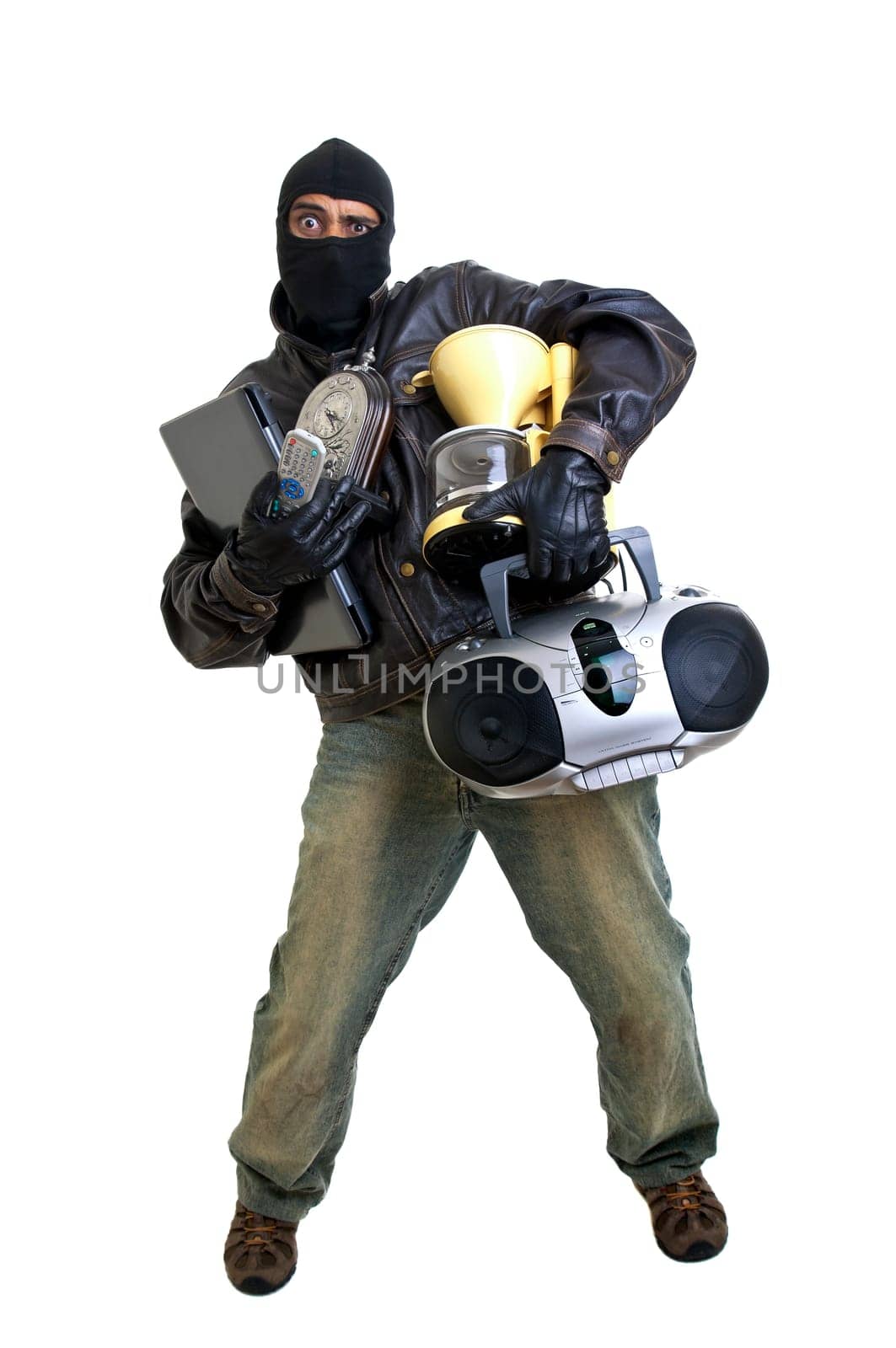 Burglar with goods isolated in white