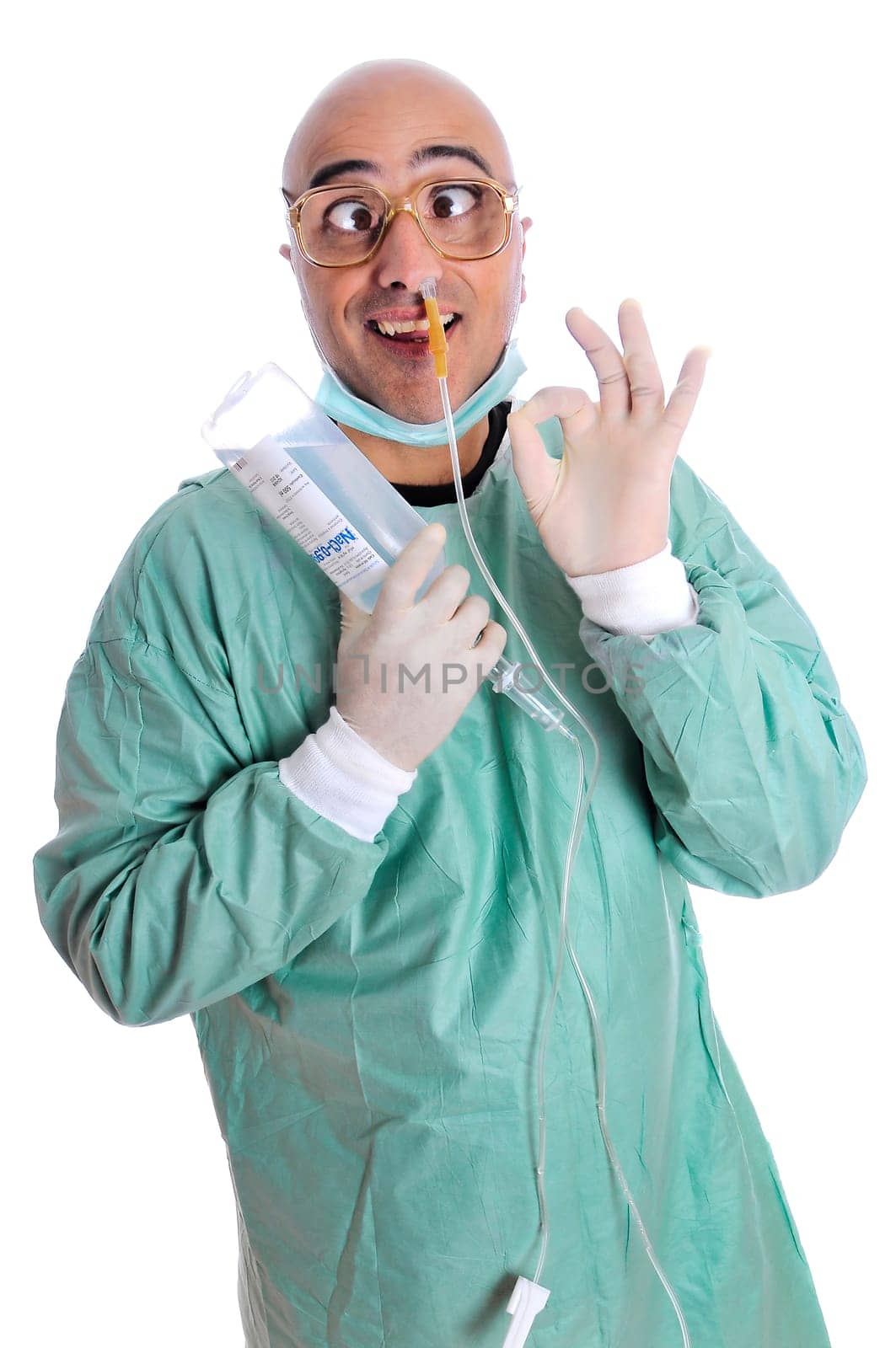 Crazy doctor in uniform with serum
