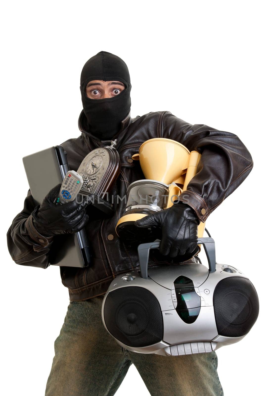 Burglar with goods isolated in white