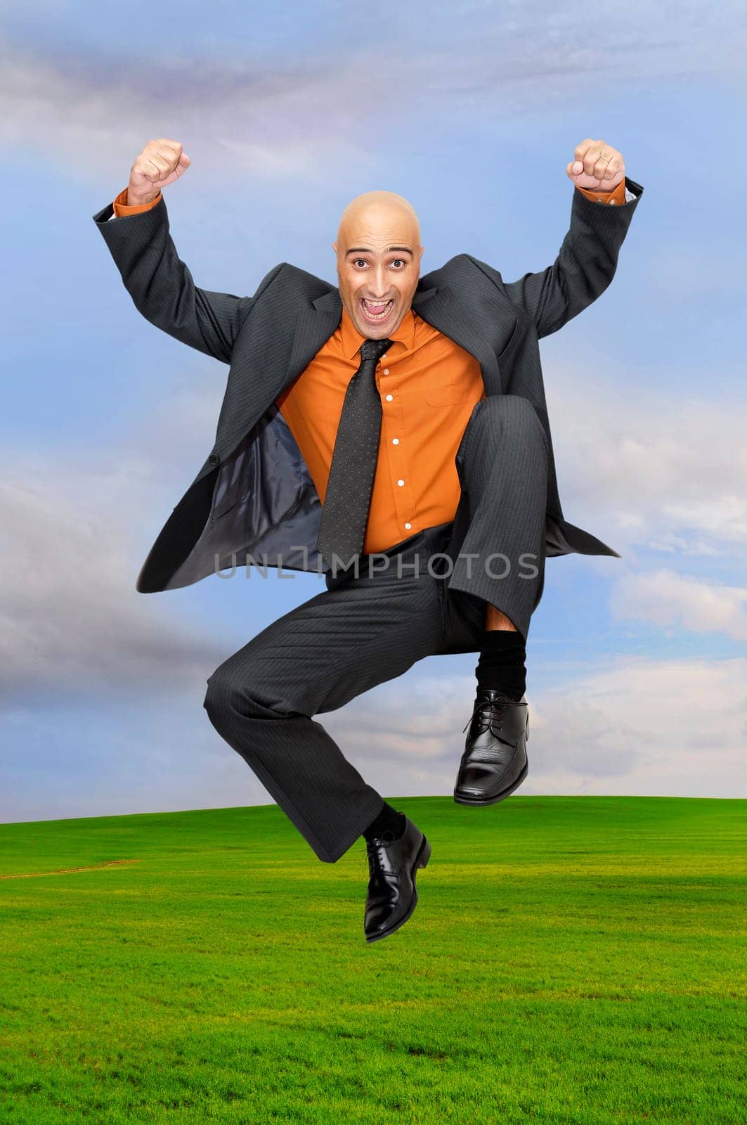Happy businessman jumping outdoors in a green field