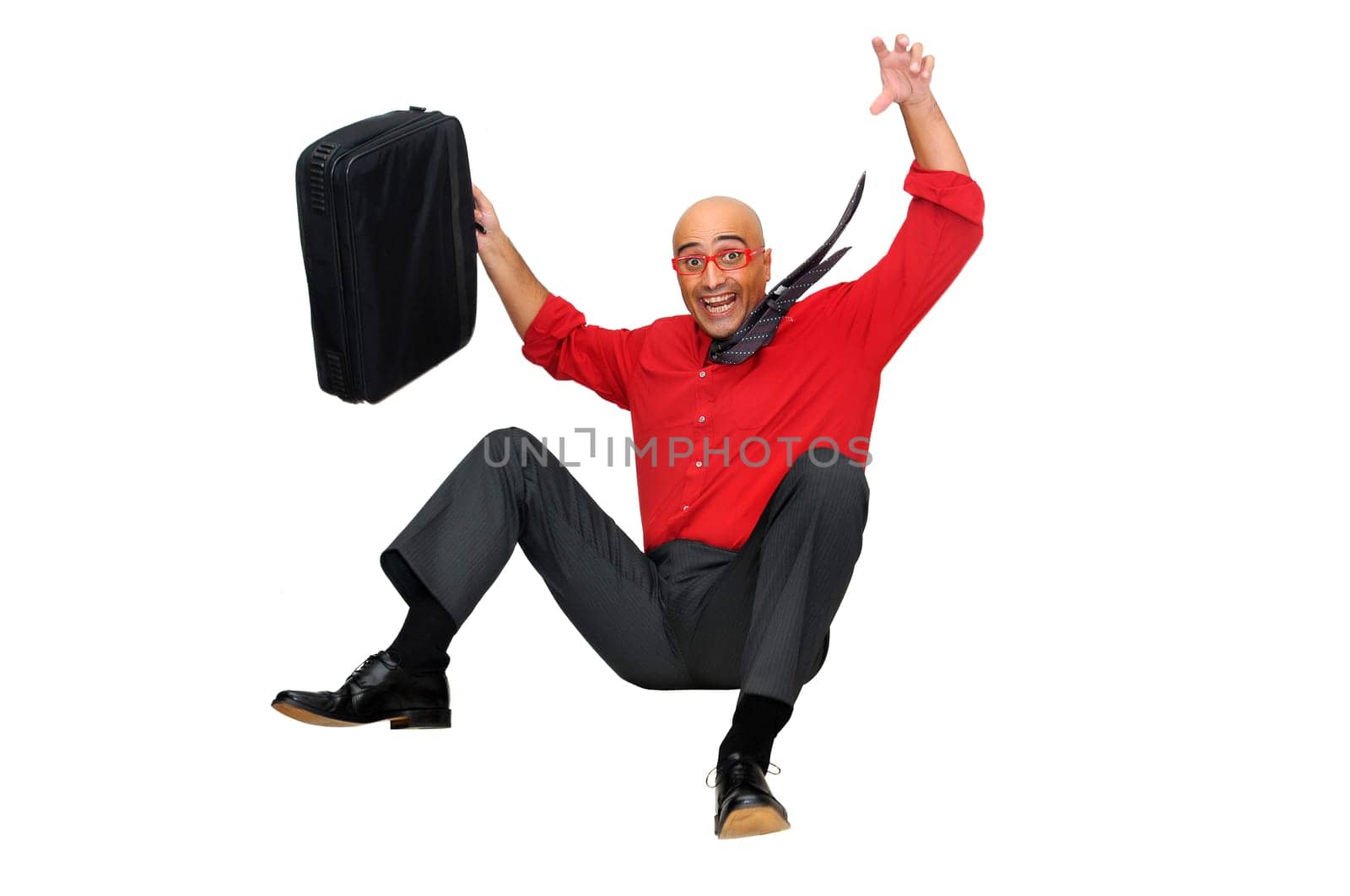 Happy businessman jumping high isolated in white