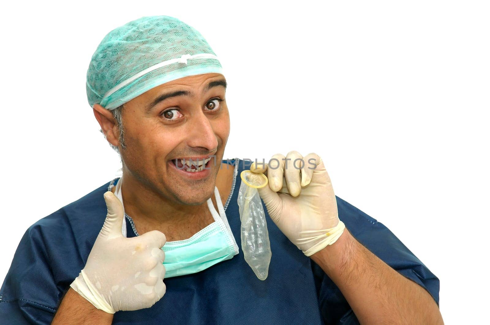 Doctor with condom isolated in white