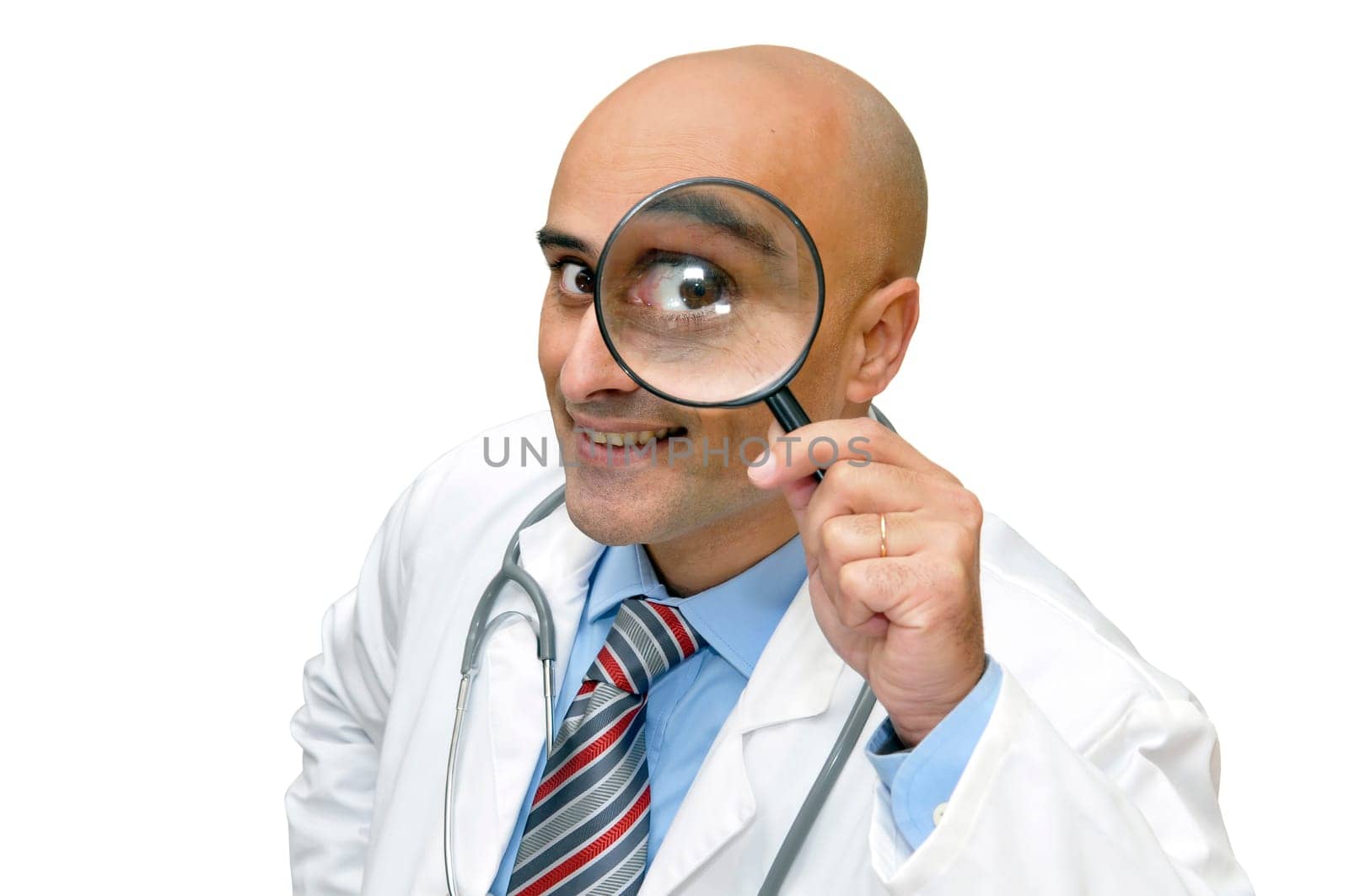 Doctor with magnifier lens isolated in white