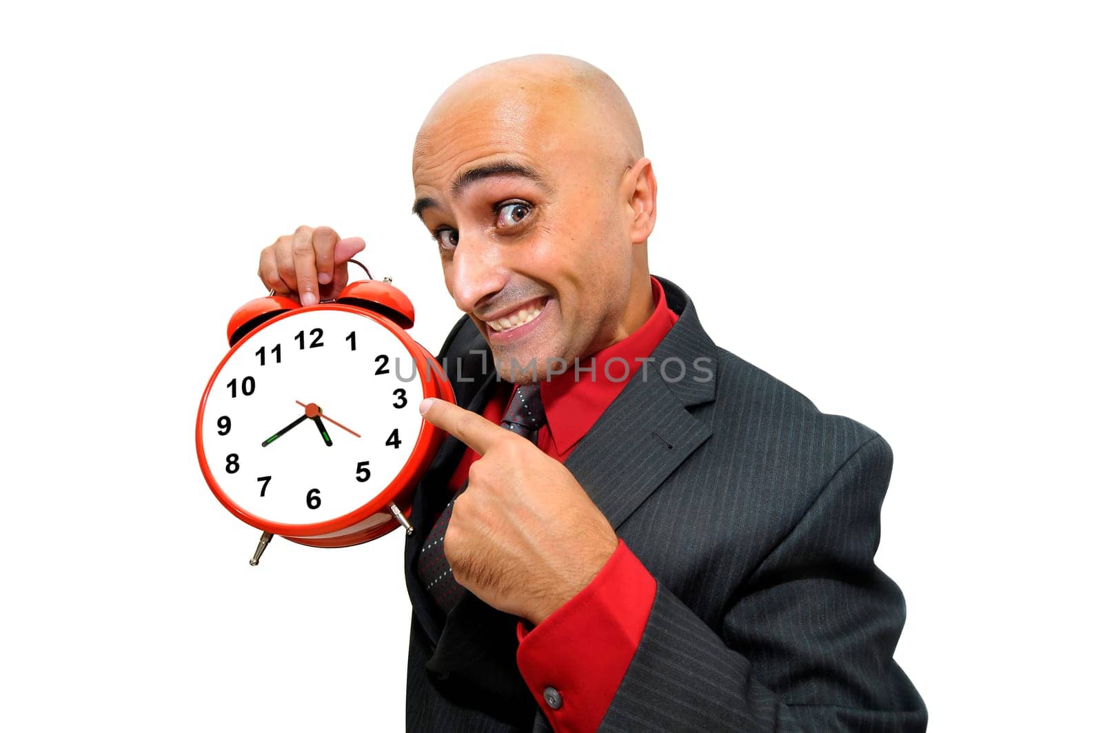 Businessman with big red clock isolated in white
