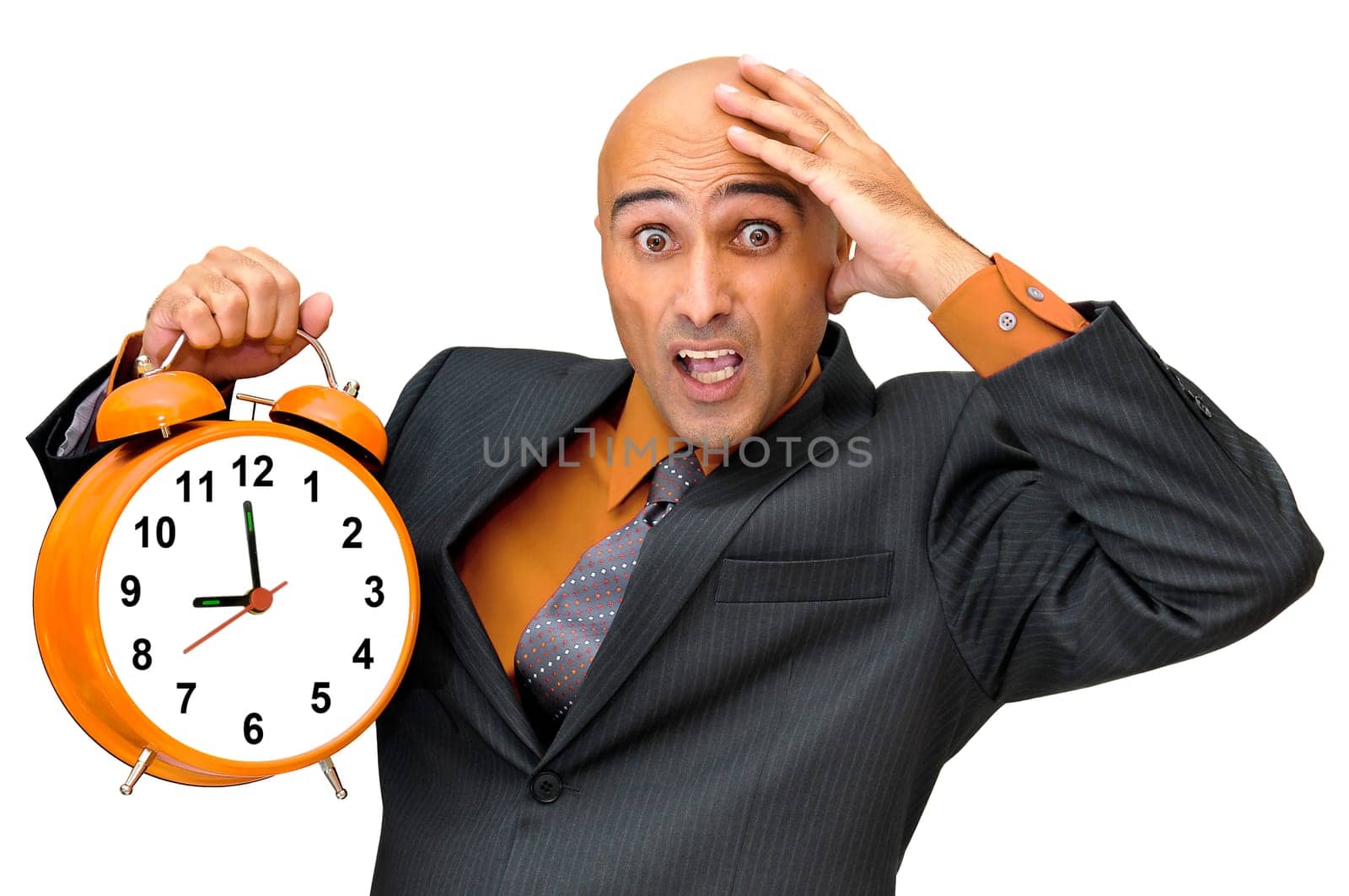 Businessman with big yellow clock isolated in white