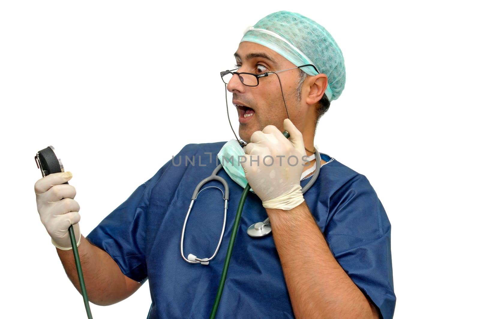 Doctor with tension device isolated in white